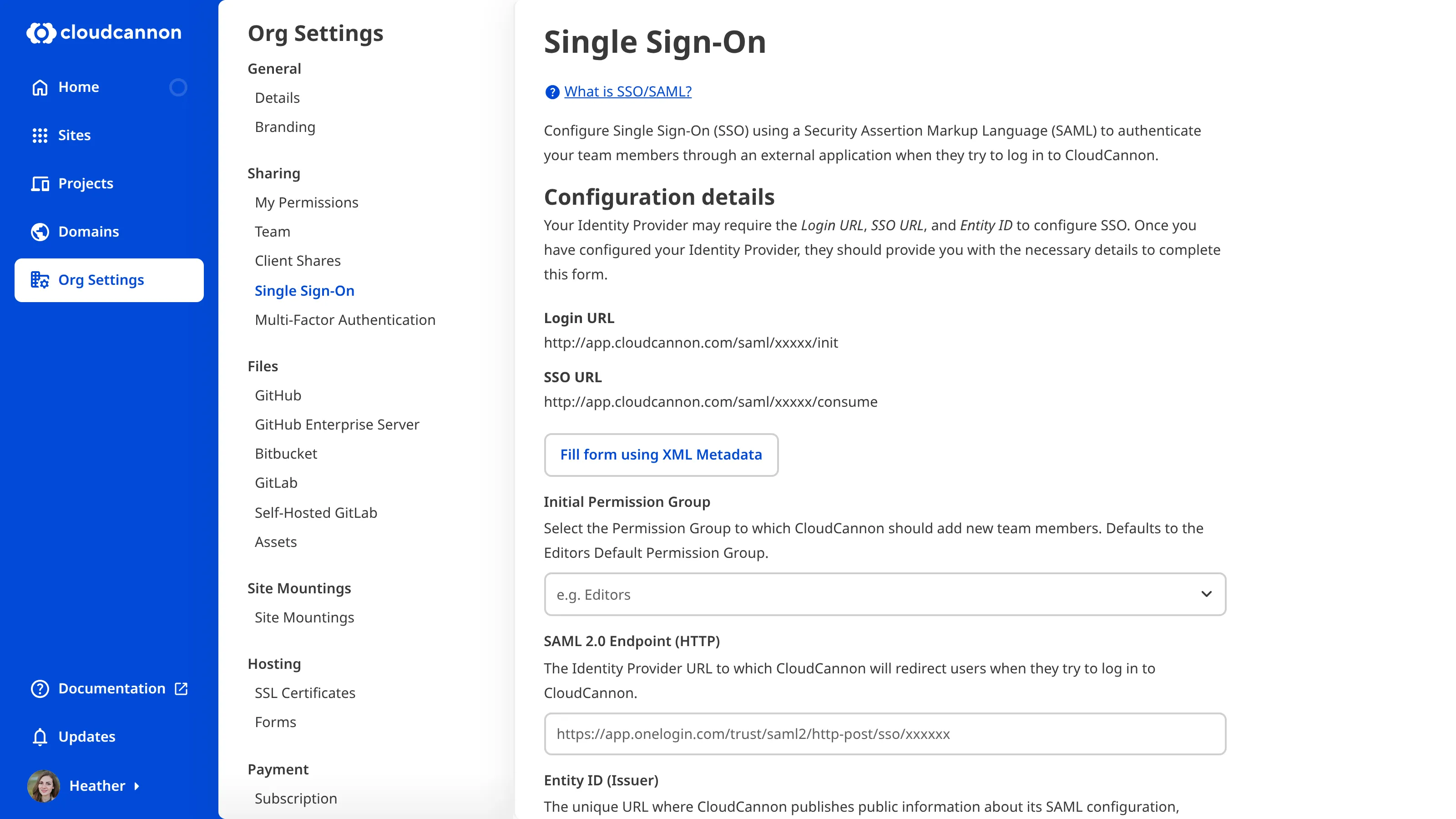 A screenshot of the Single Sign-On page shows the configuration details for initial set up of your Identity Provider.