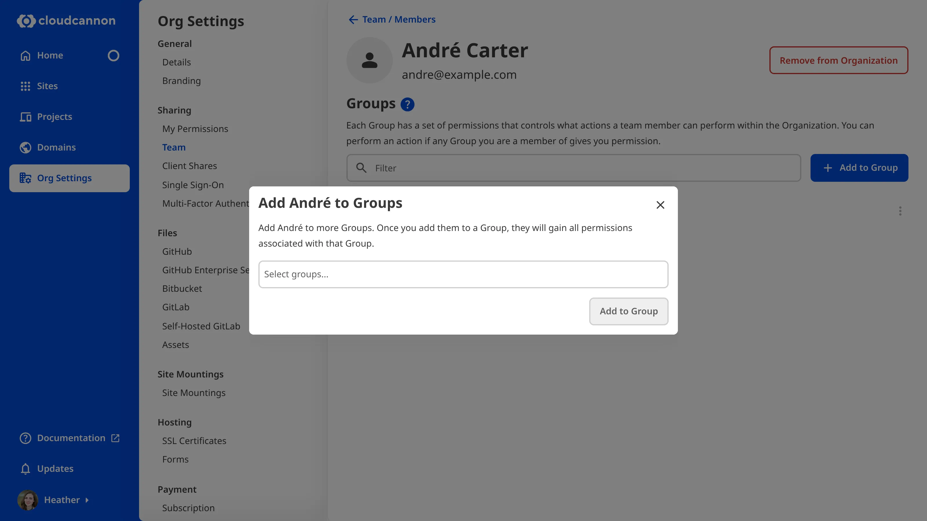 The Add Team Member to Groups modal A screenshot of the Team Member page shows the Add to Team Member to Groups modal with a field for Permission Groups.