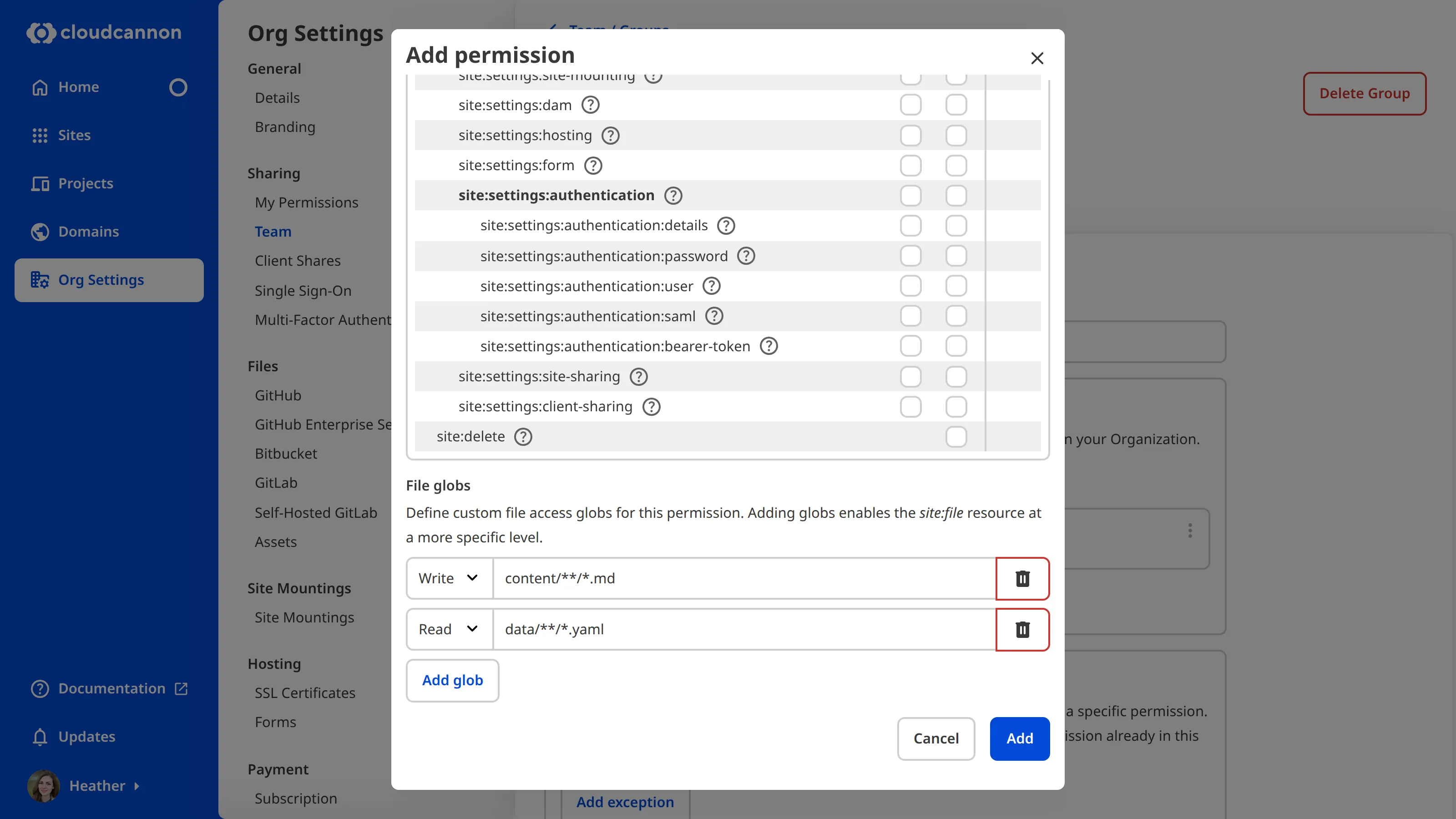 A screenshot of the Add Permission modal shows two fields specifying file globs, one at read level and one at write.