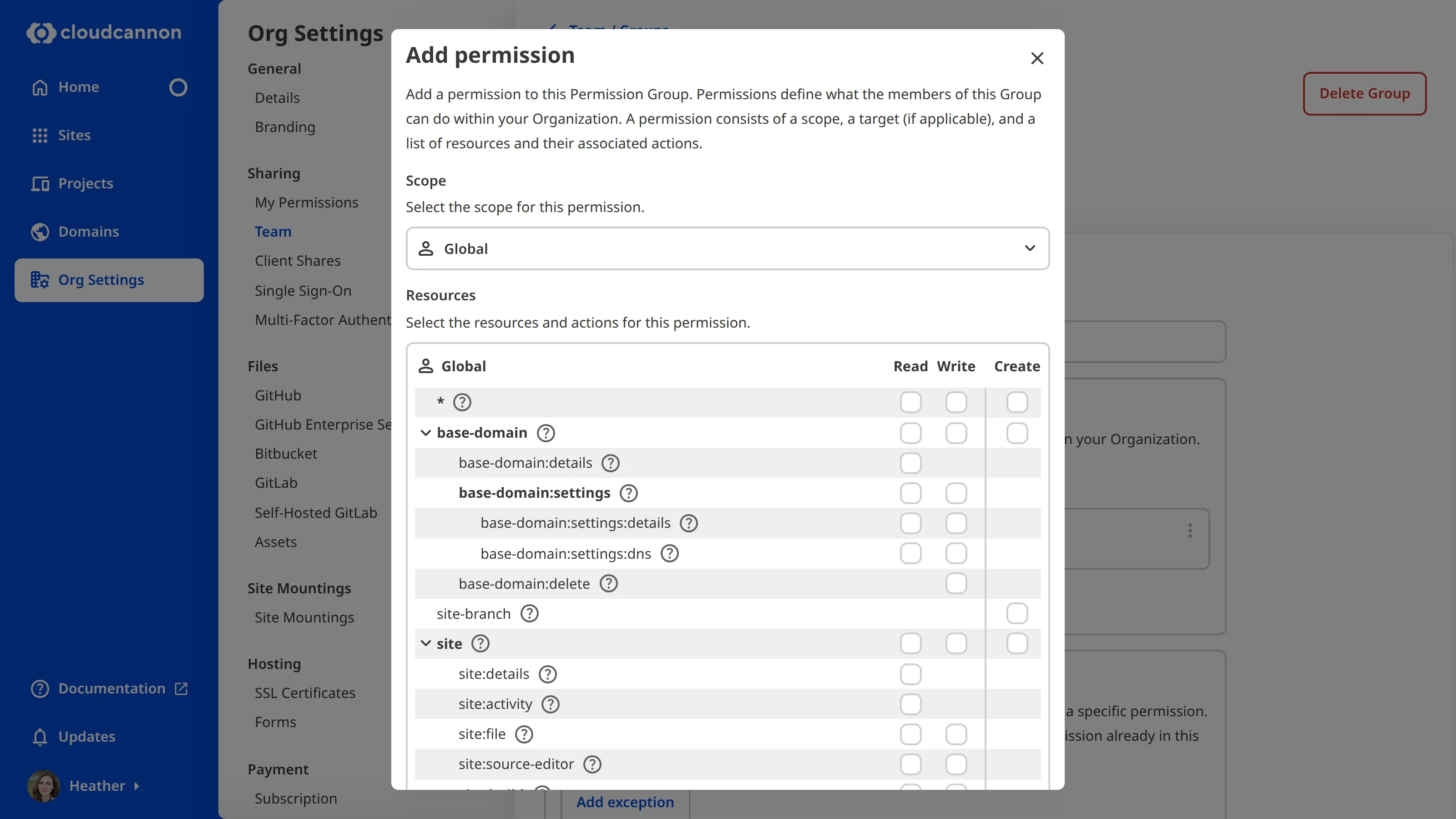 A screenshot of the Add Permission modal shows the option to select resources and scope for a Custom Permission Group.