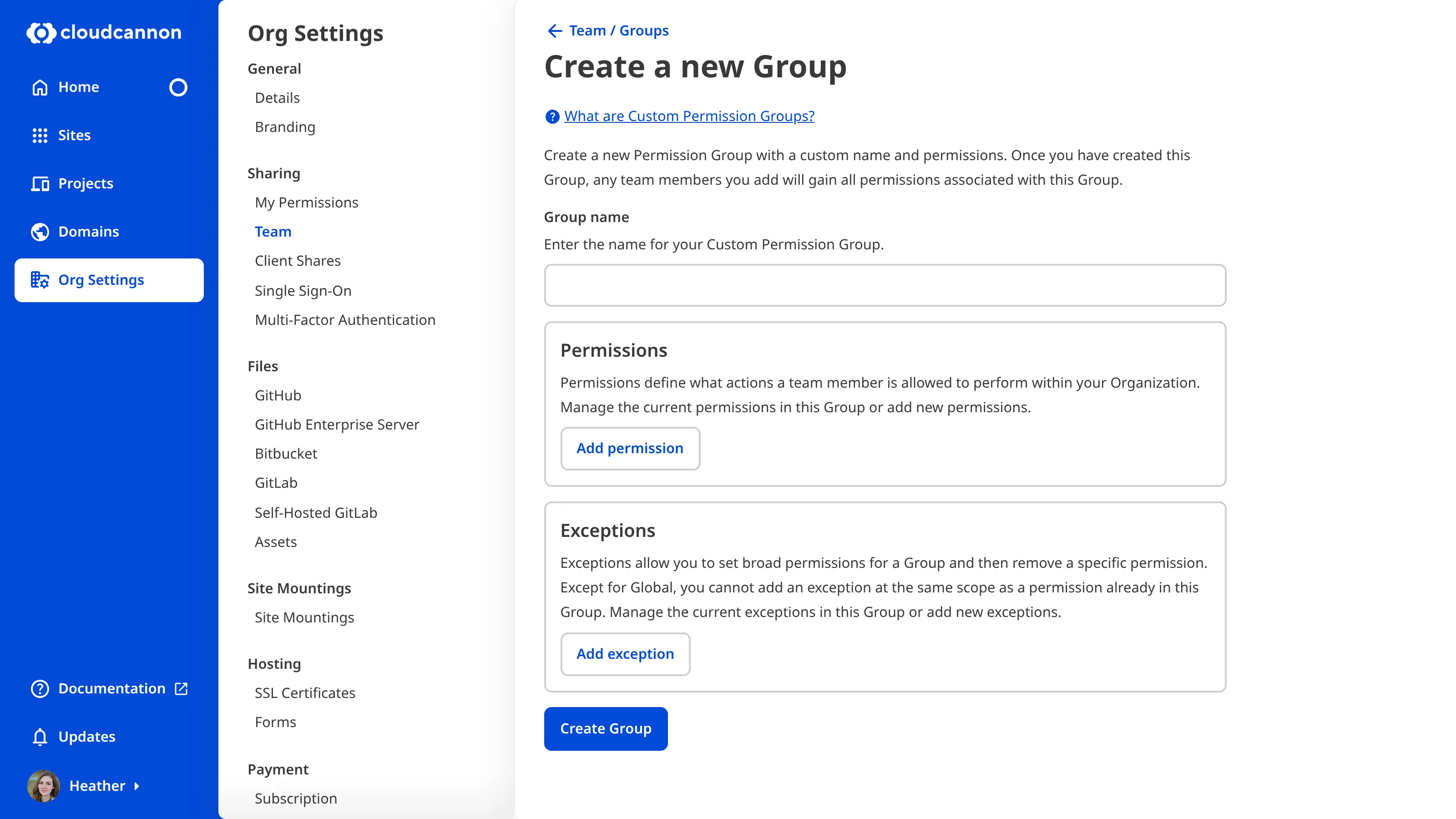 A screenshot of the Create A New Group page shows the options to add a name, permissions, and exceptions to a Custom Permission Group.