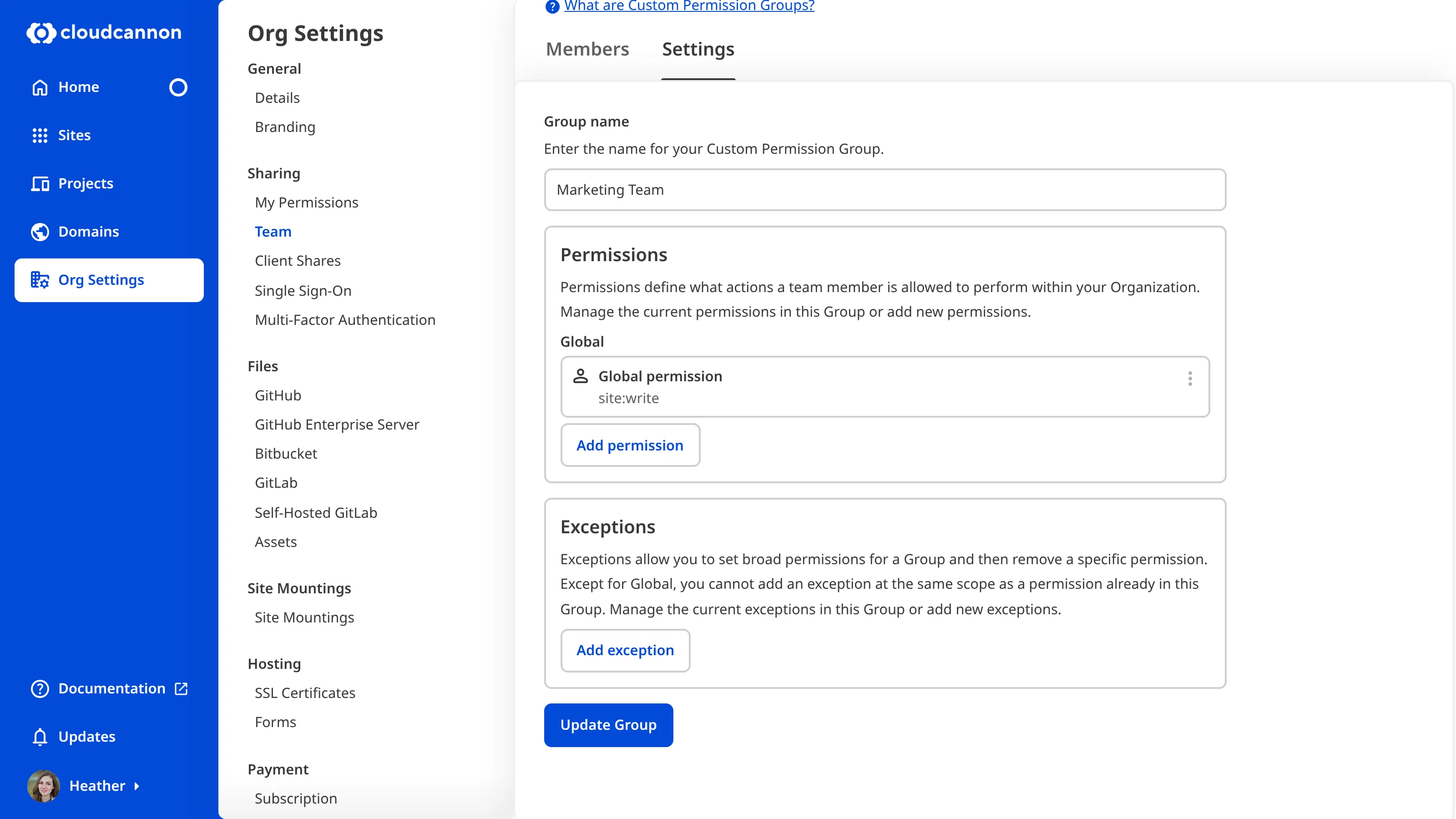 A screenshot of the Custom Permission Group Settings tab, scrolled down to show the Add exception button.
