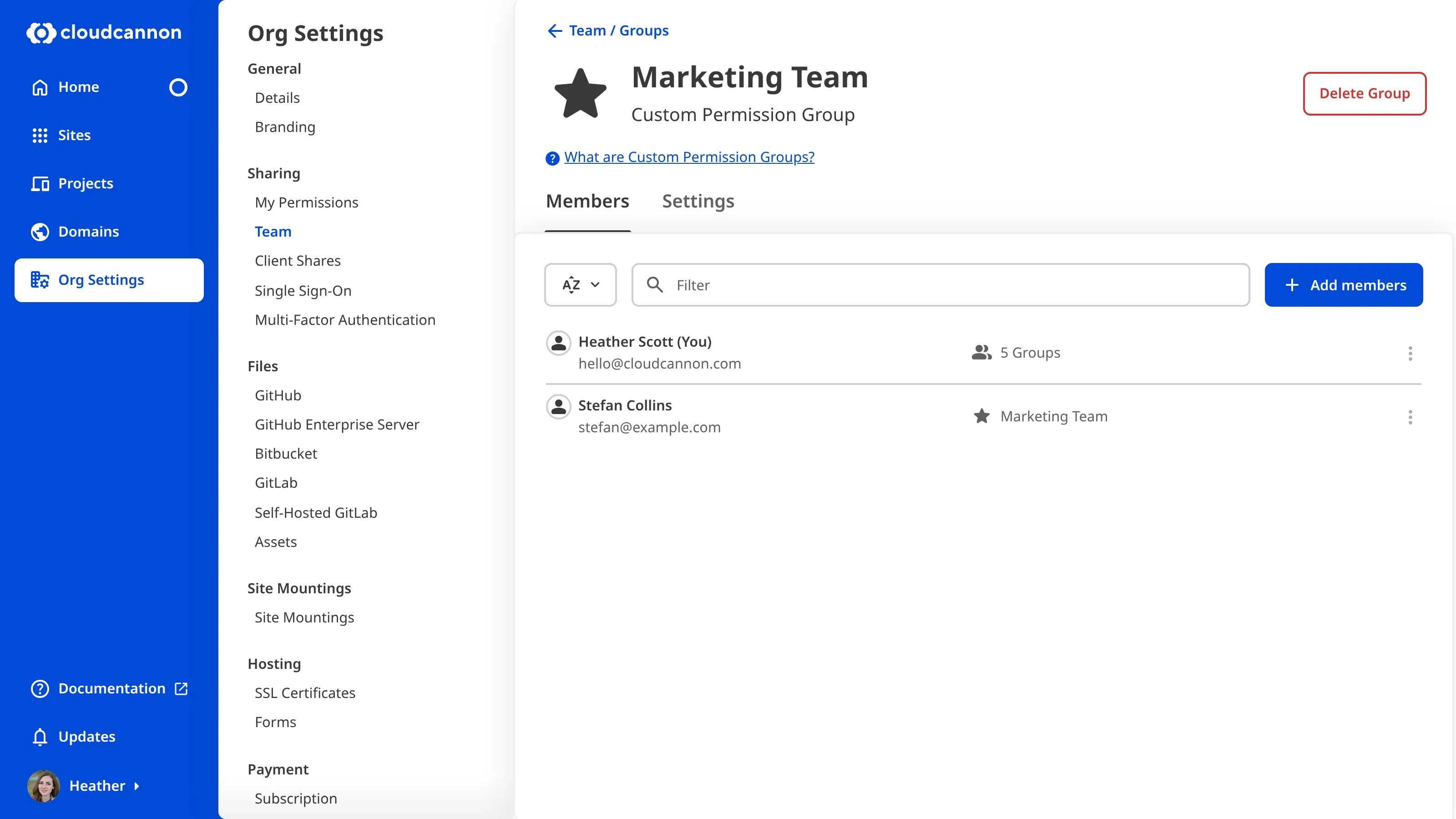A screenshot of the Marketing Team Custom Permission Group page shows the Delete Group button.