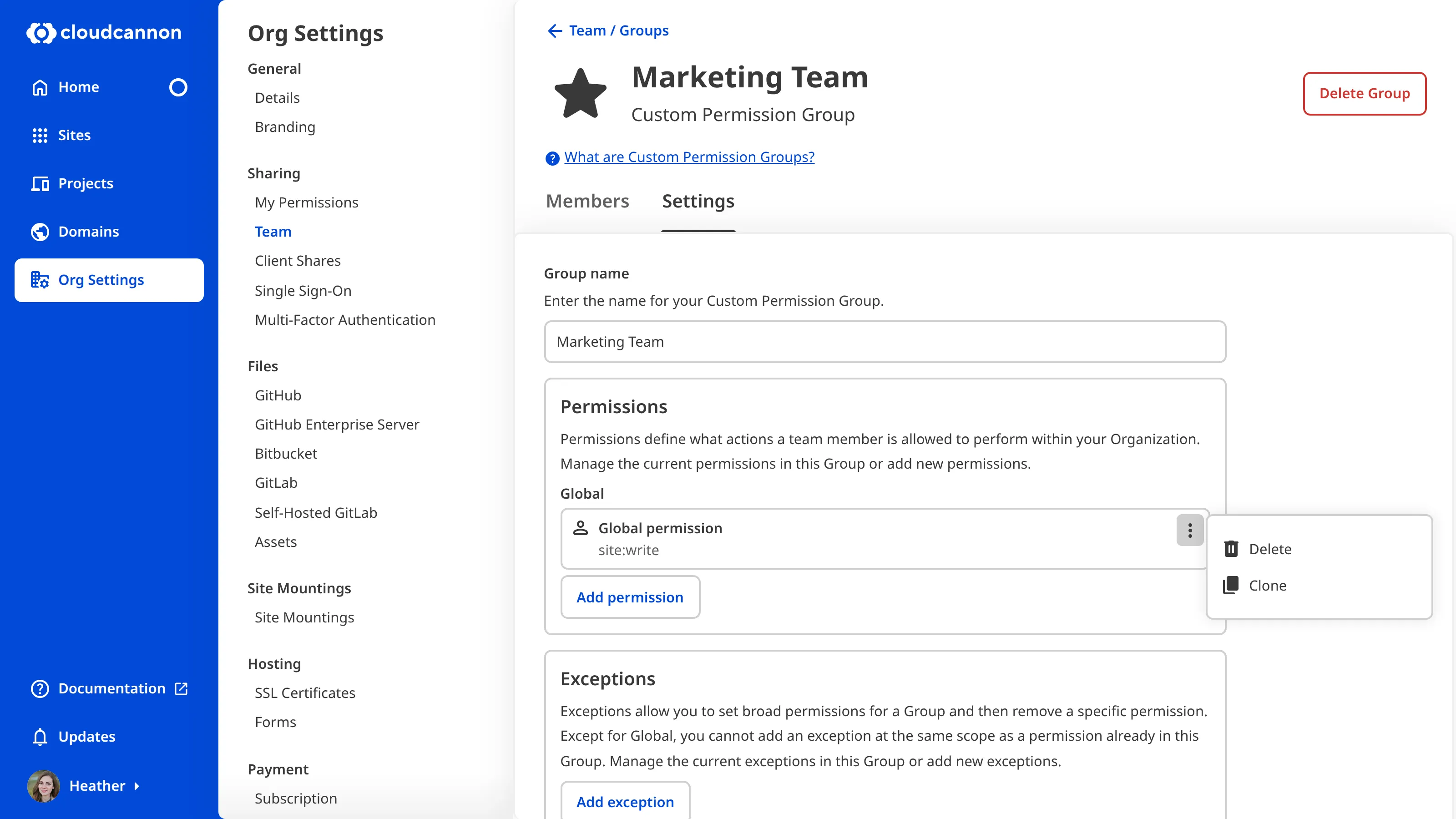 A screenshot of the Marketing Team Permission Group page shows the context menu open on a permission card with Delete and Clone options.