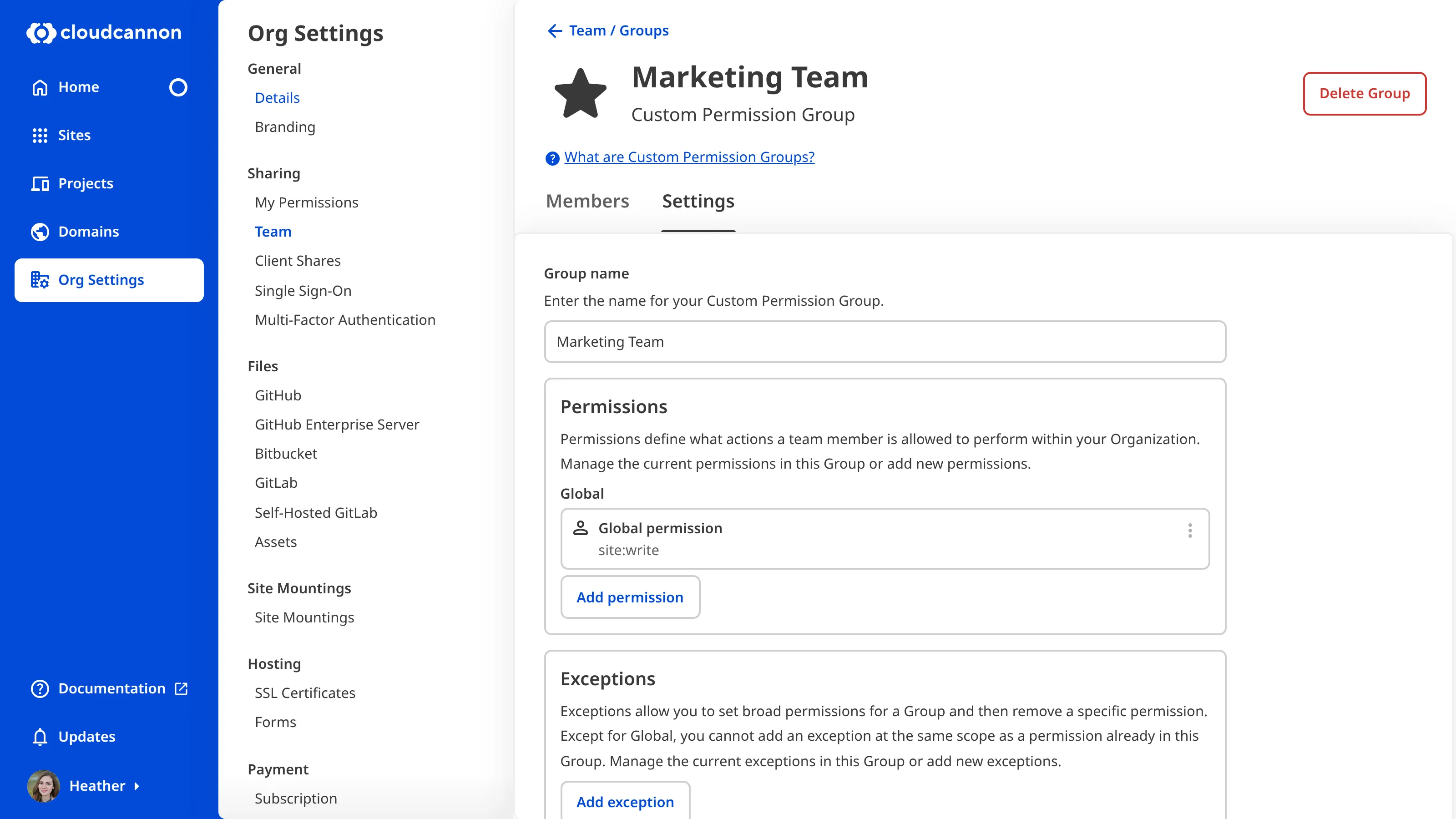 A screenshot of the Marketing Team Permission Group page shows permissions and the Add Permission button.