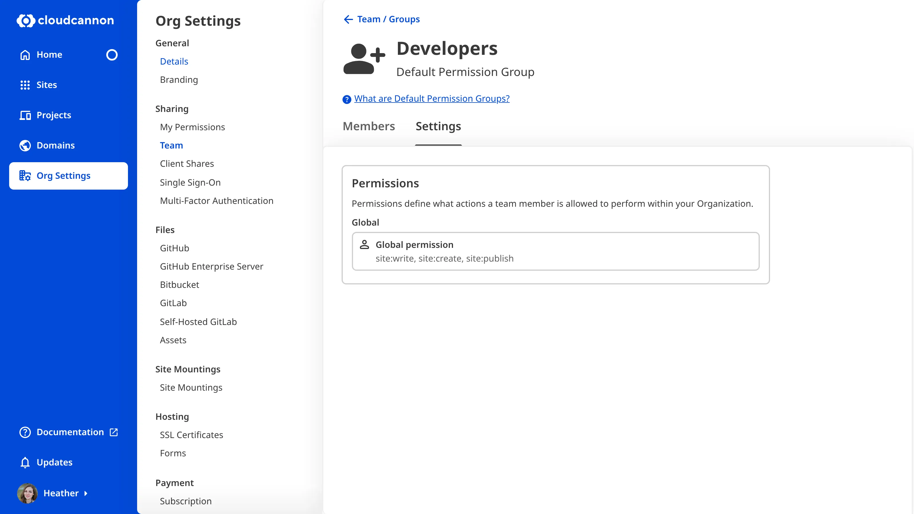A screenshot of the Developers Permission Group page shows one permission under the Settings tab.
