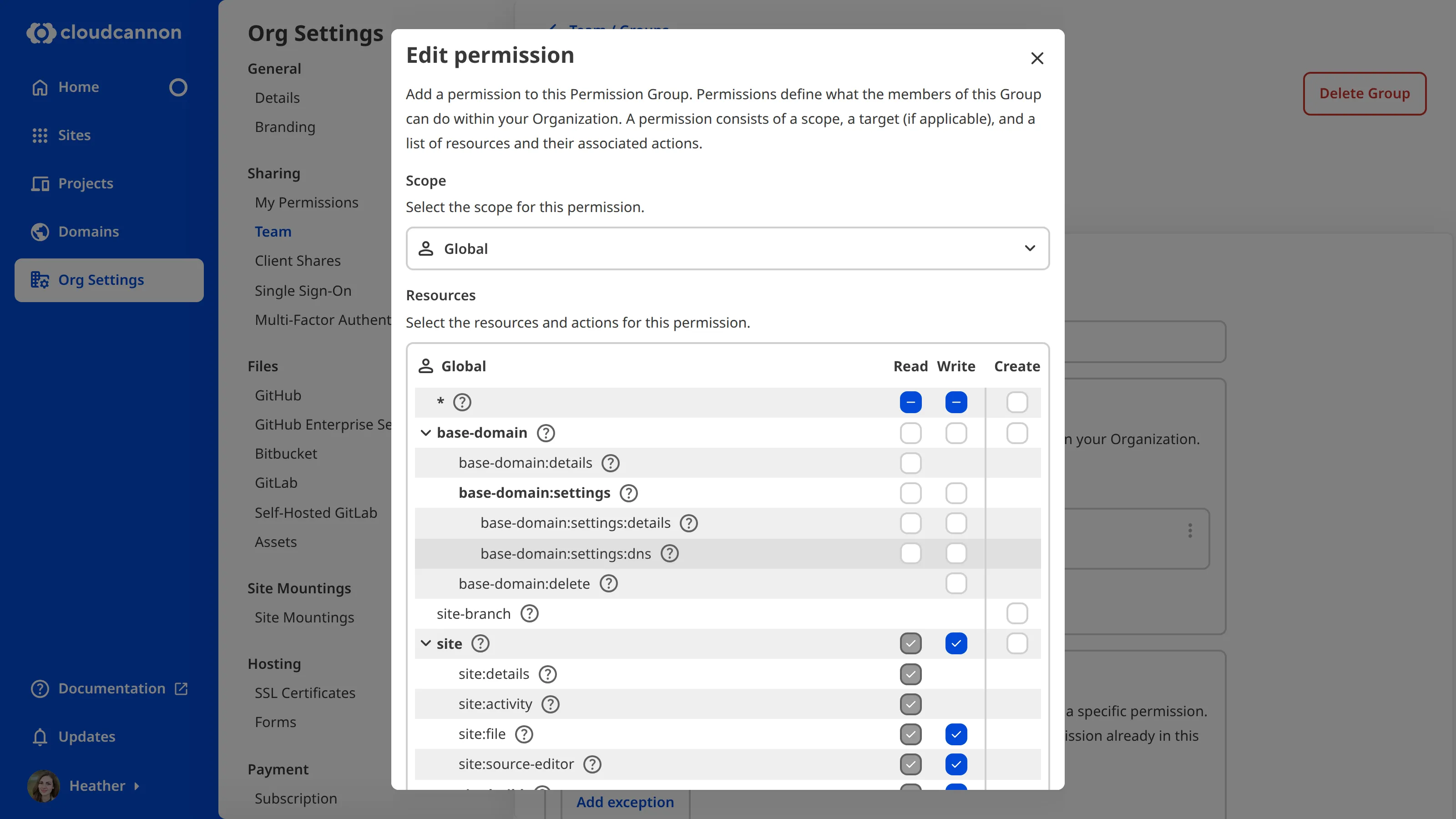 A screenshot of the Edit permission modal shows the scope and resource tree for a Global permission with site:write.
