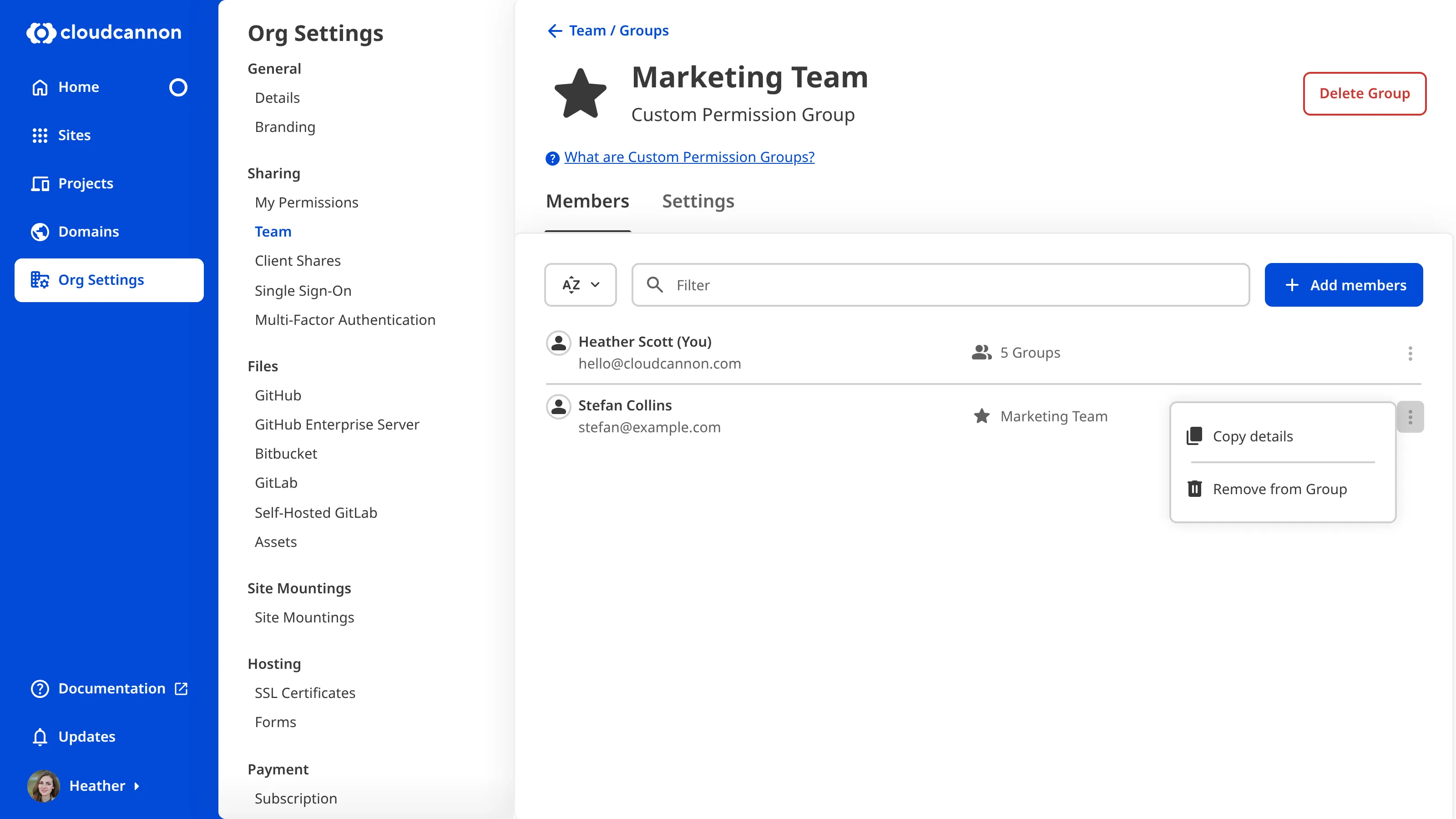 A screenshot of the Editors Permission Group page shows the Context Menu for a team member with the option to Remove from Group.