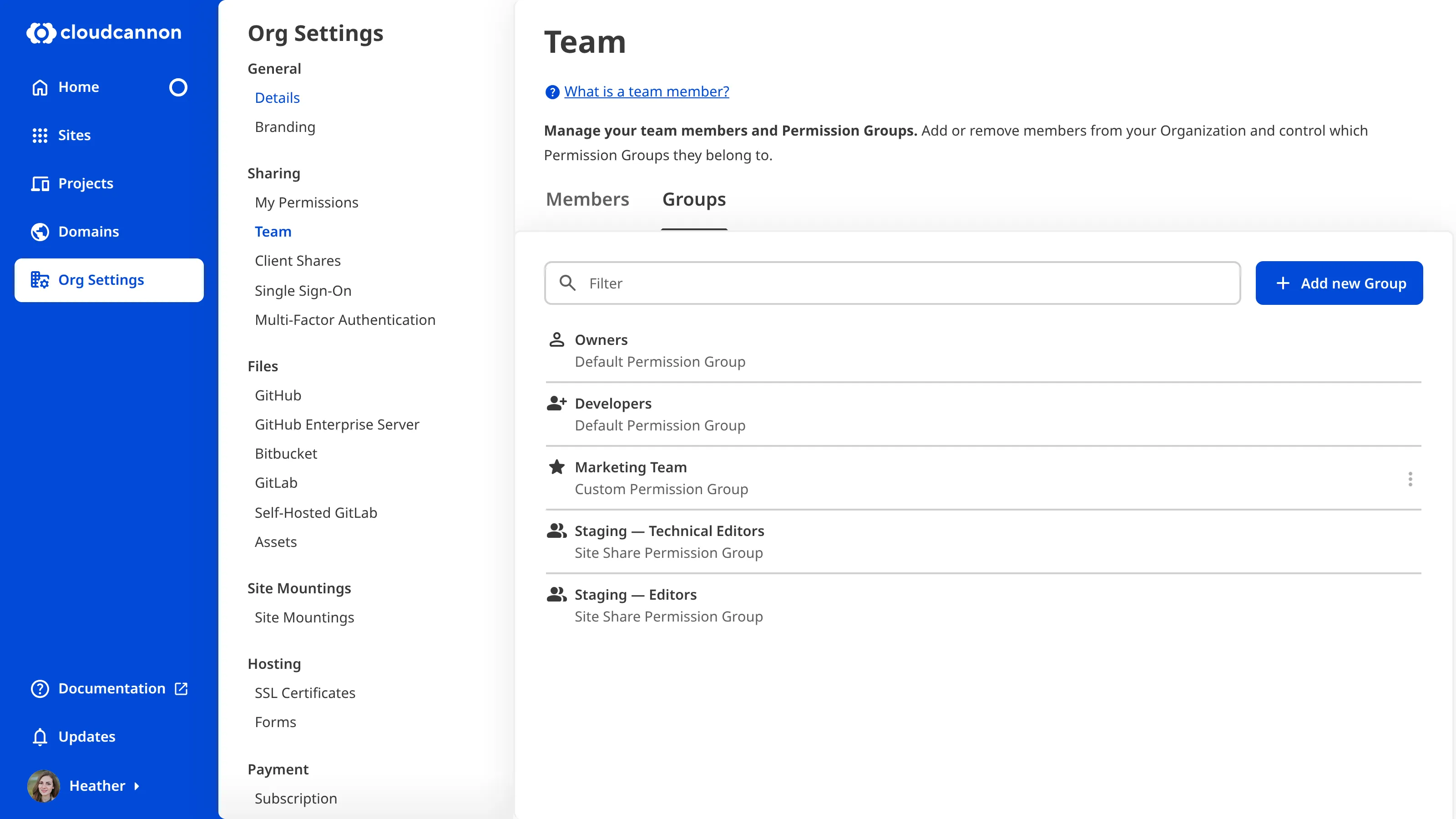The Groups tab on the Team page A screenshot of the Groups tab on the Team page shows a list of Permission Groups.
