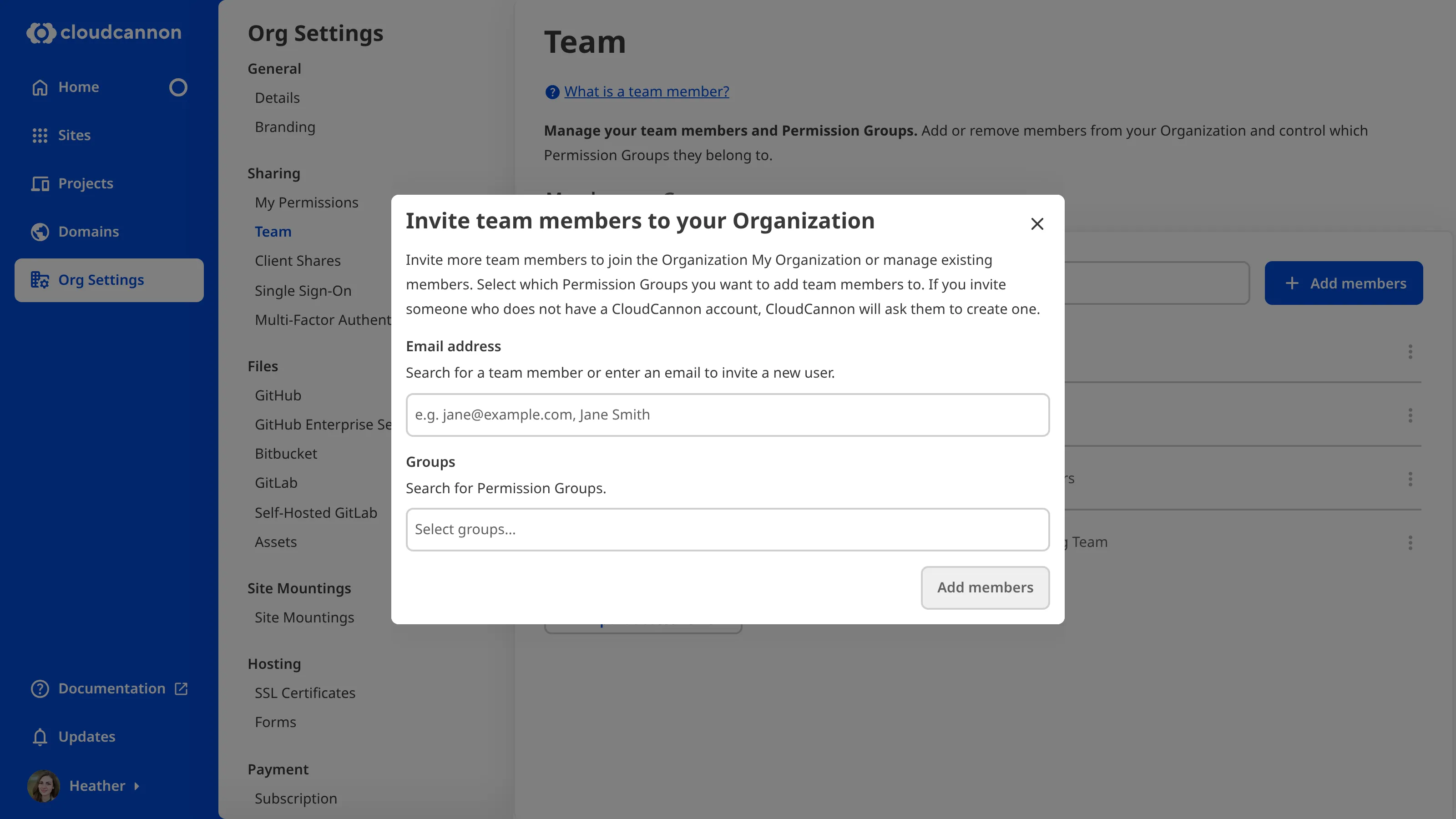 The Invite Team Members modal A screenshot of the Team page shows the Invite Team members modal with two fields for names and Permission Groups.