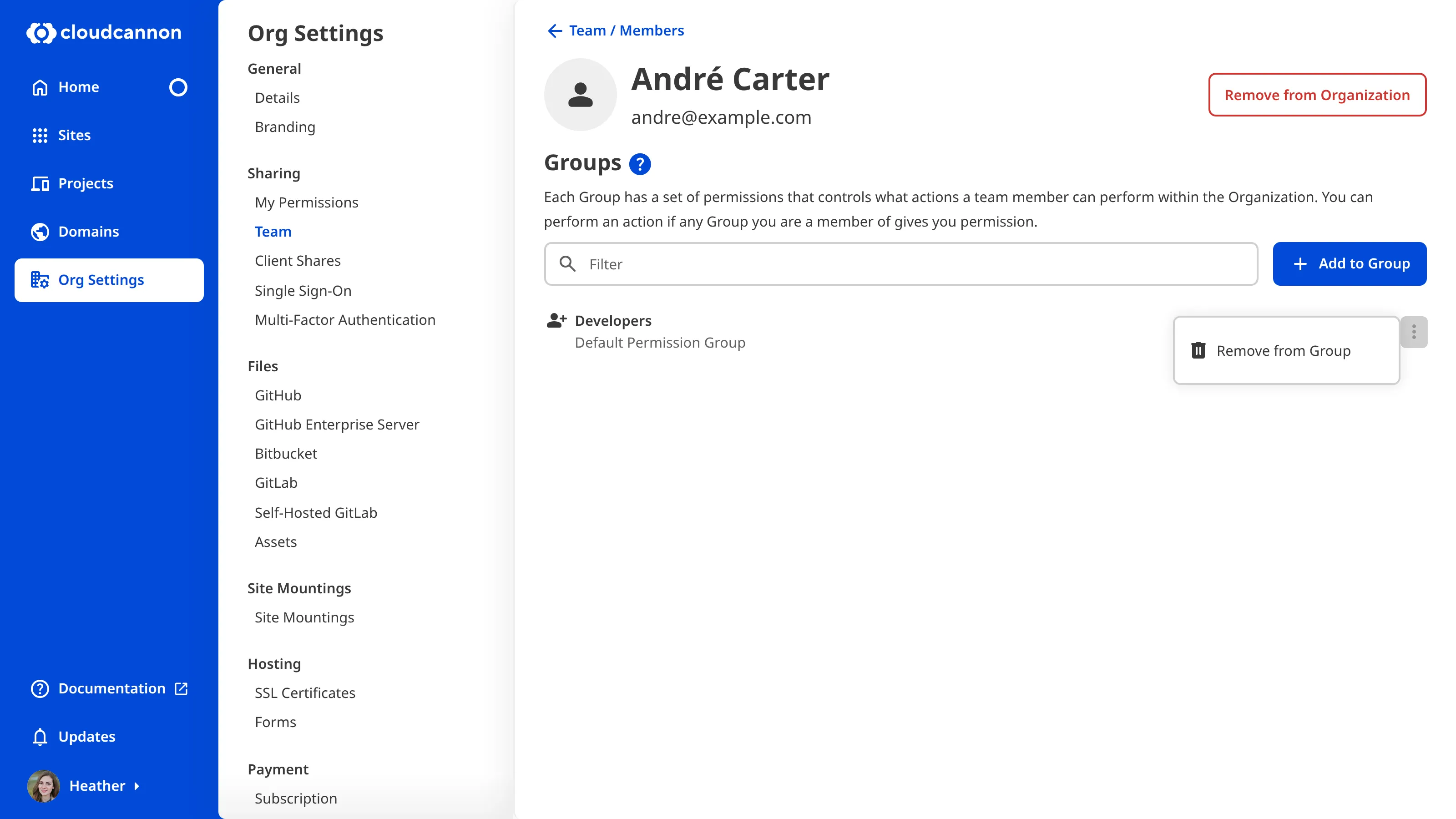 A screenshot of the Team Member page shows the Context Menu for a Permission Group with the option to Remove from Group.