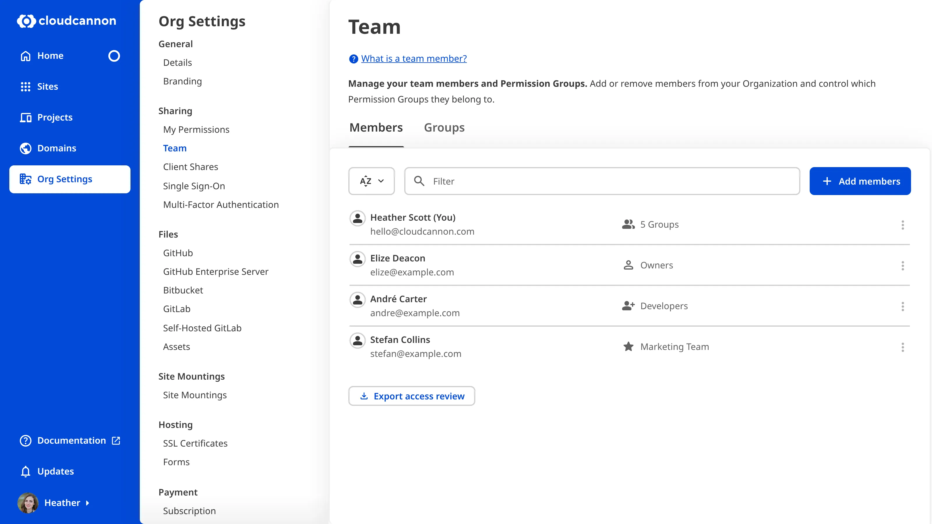 The Team page A screenshot of the Team page shows team members and the Add members button.