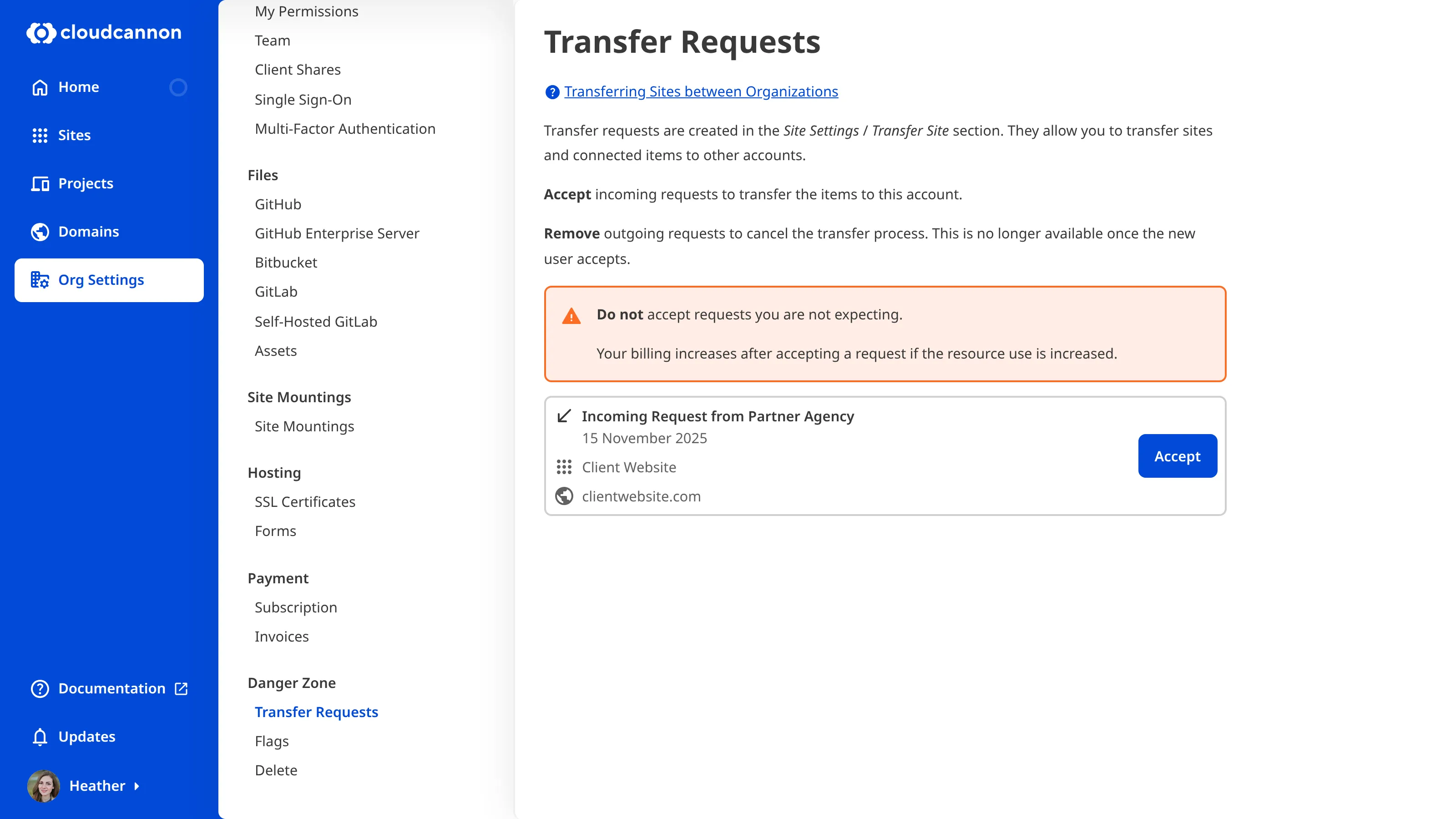 Screenshot of site transfer interface with transfer request incoming