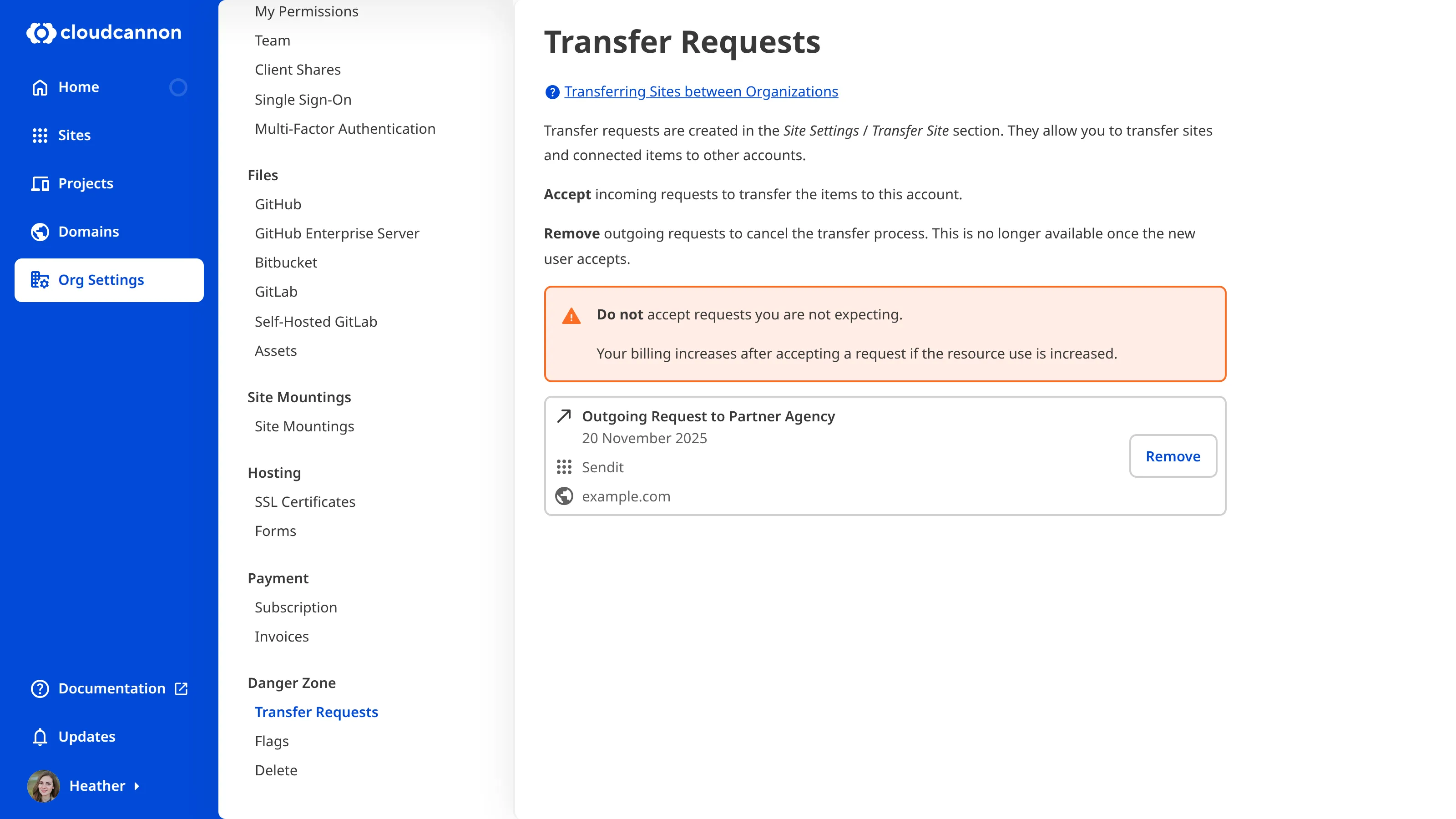 Screenshot of site transfer interface with outgoing site transfer