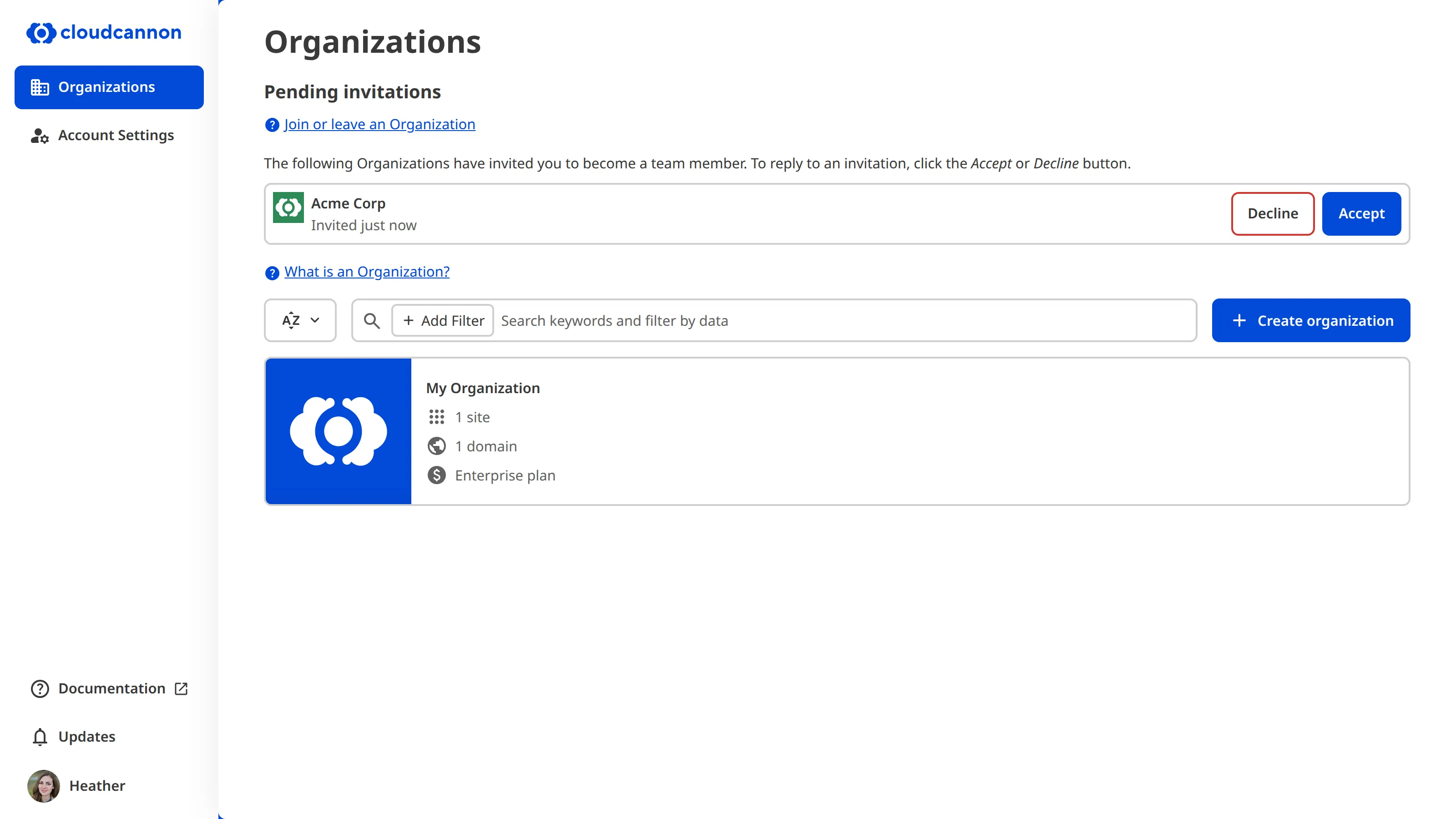 A screenshot of the Organization Browser shows one pending invitation and one Organization card.