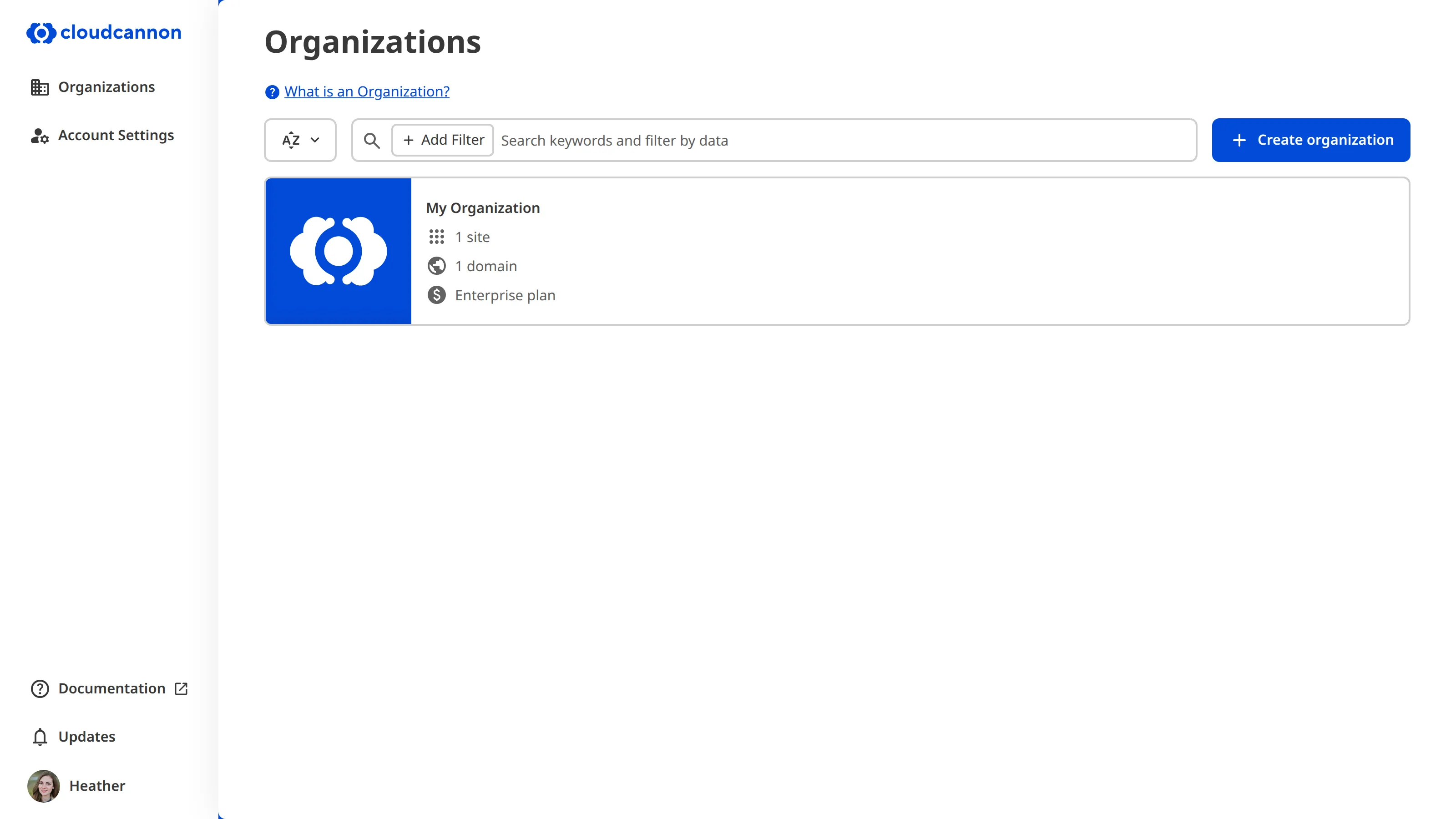 A screenshot of the Organization Browser shows the Create organization button on the right of the Organization Browser Controls.