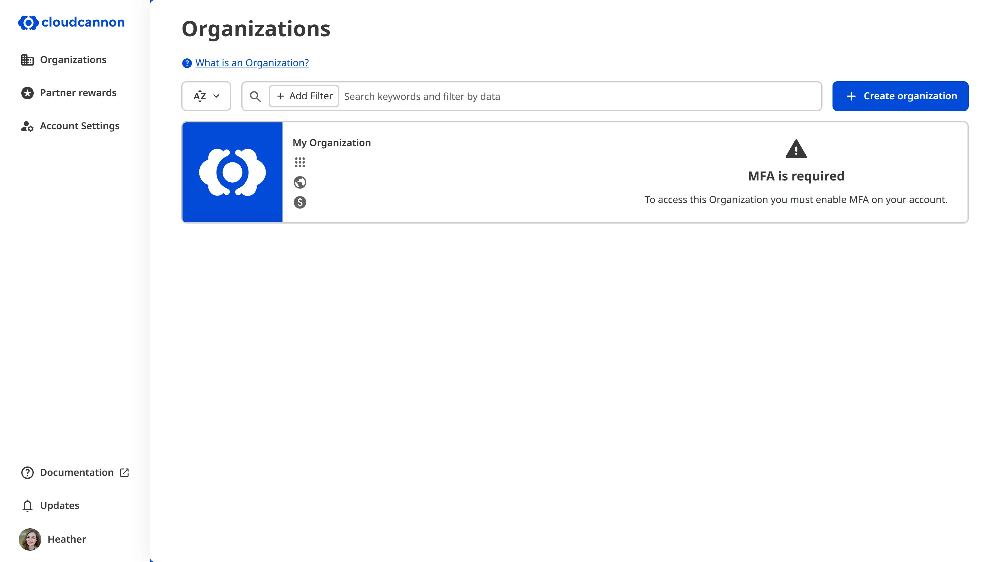 A screenshot of the Organizations page shows that access to an Organization is prevented because MFA is required.