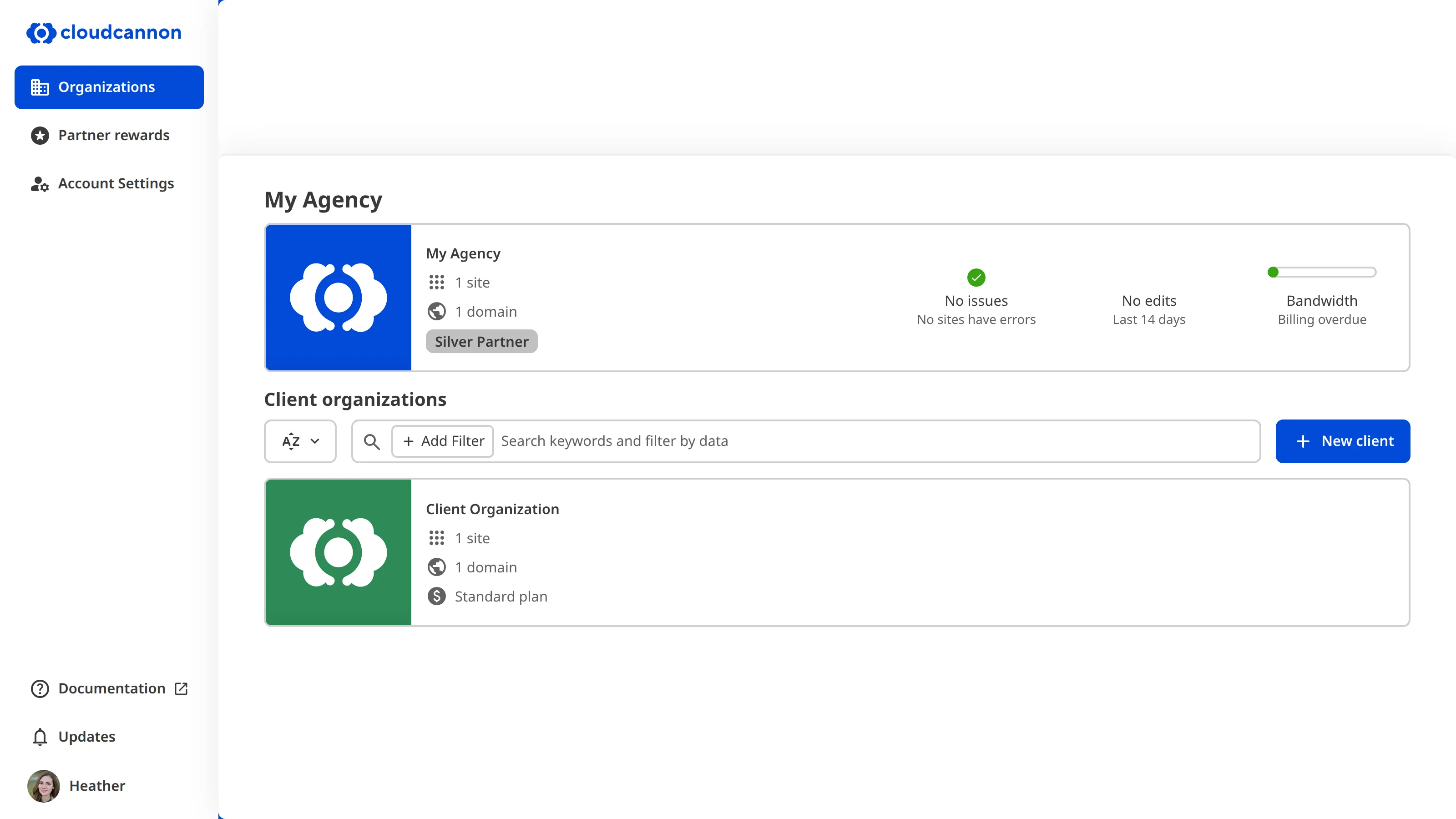 The Partner Dashboard A screenshot of the Partner Dashboard shows one Partner Program Organization and a button labelled + New client.