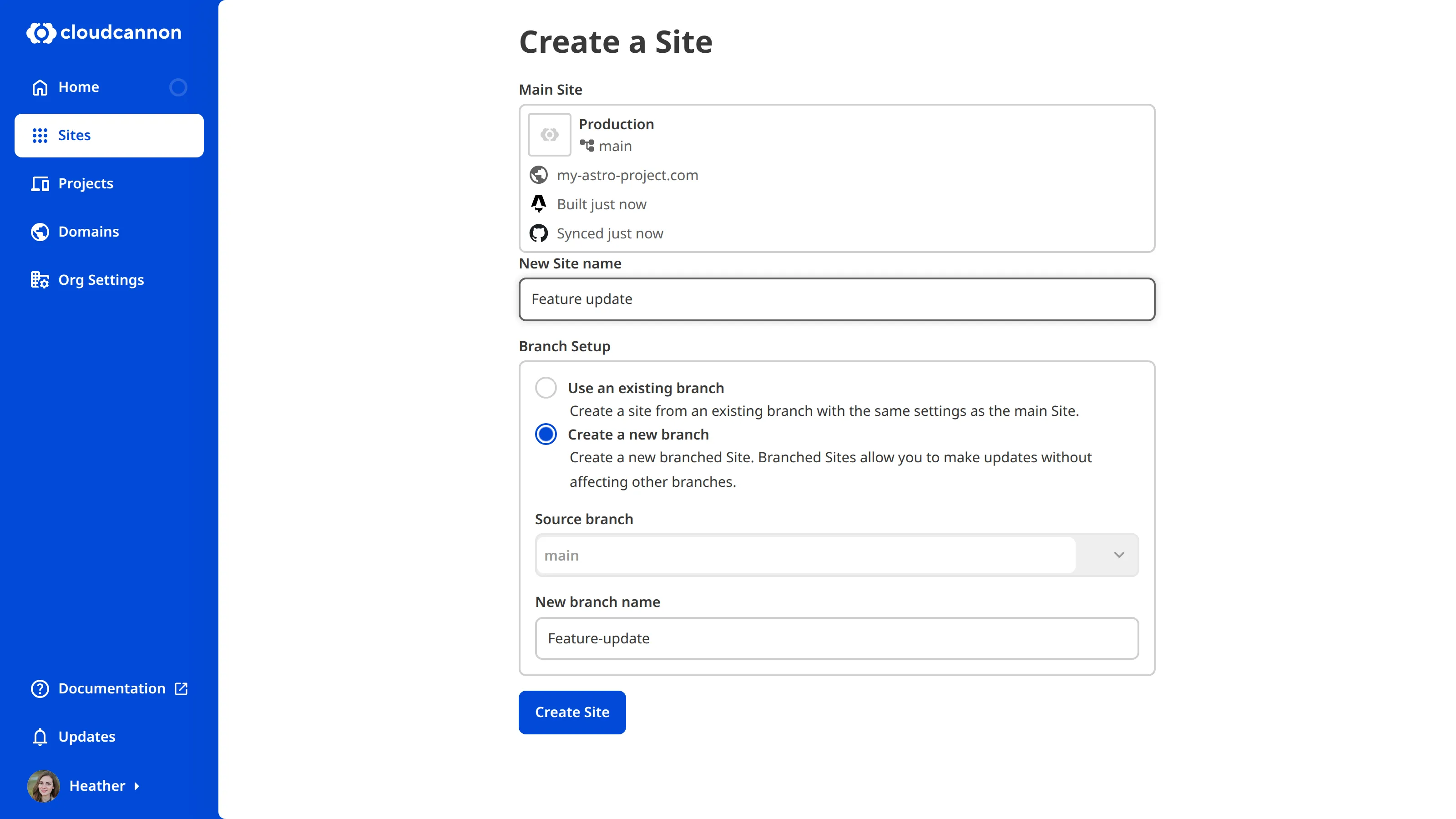 A screenshot of the Create a Site page within a Project, showing the branch setup with the main branch selected as the source branch.