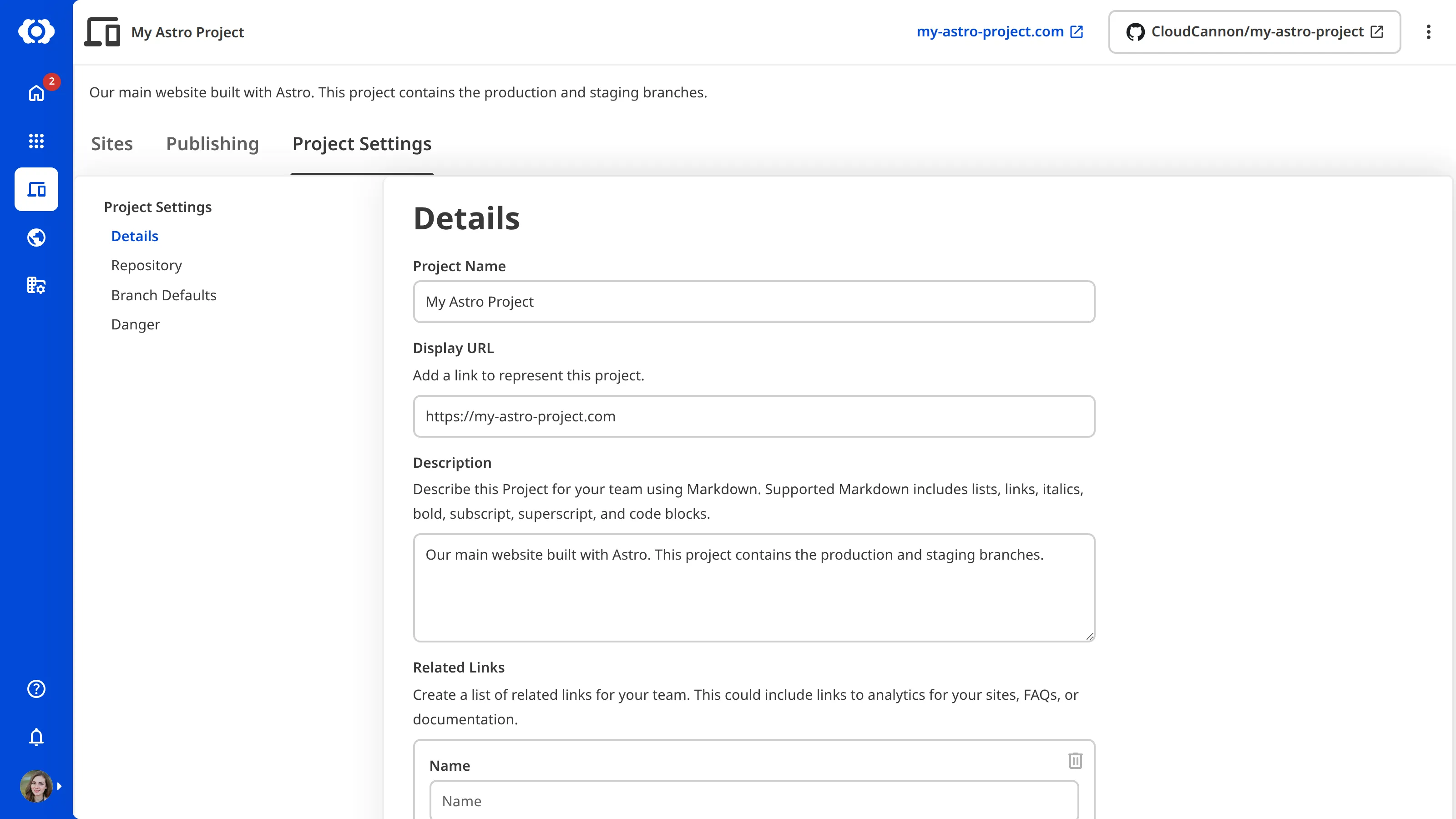 A screenshot of the Project Settings tab showing the Details section with fields for Project Name, Display URL, Description, and Related Links.