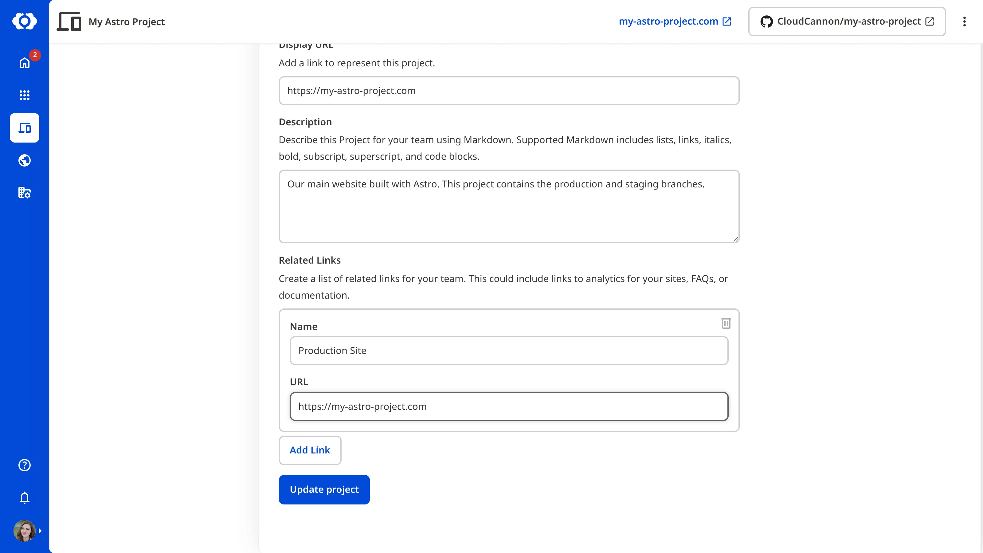 A screenshot of the Project Settings page shows a Related Link named 'Production Site' with a URL filled in.