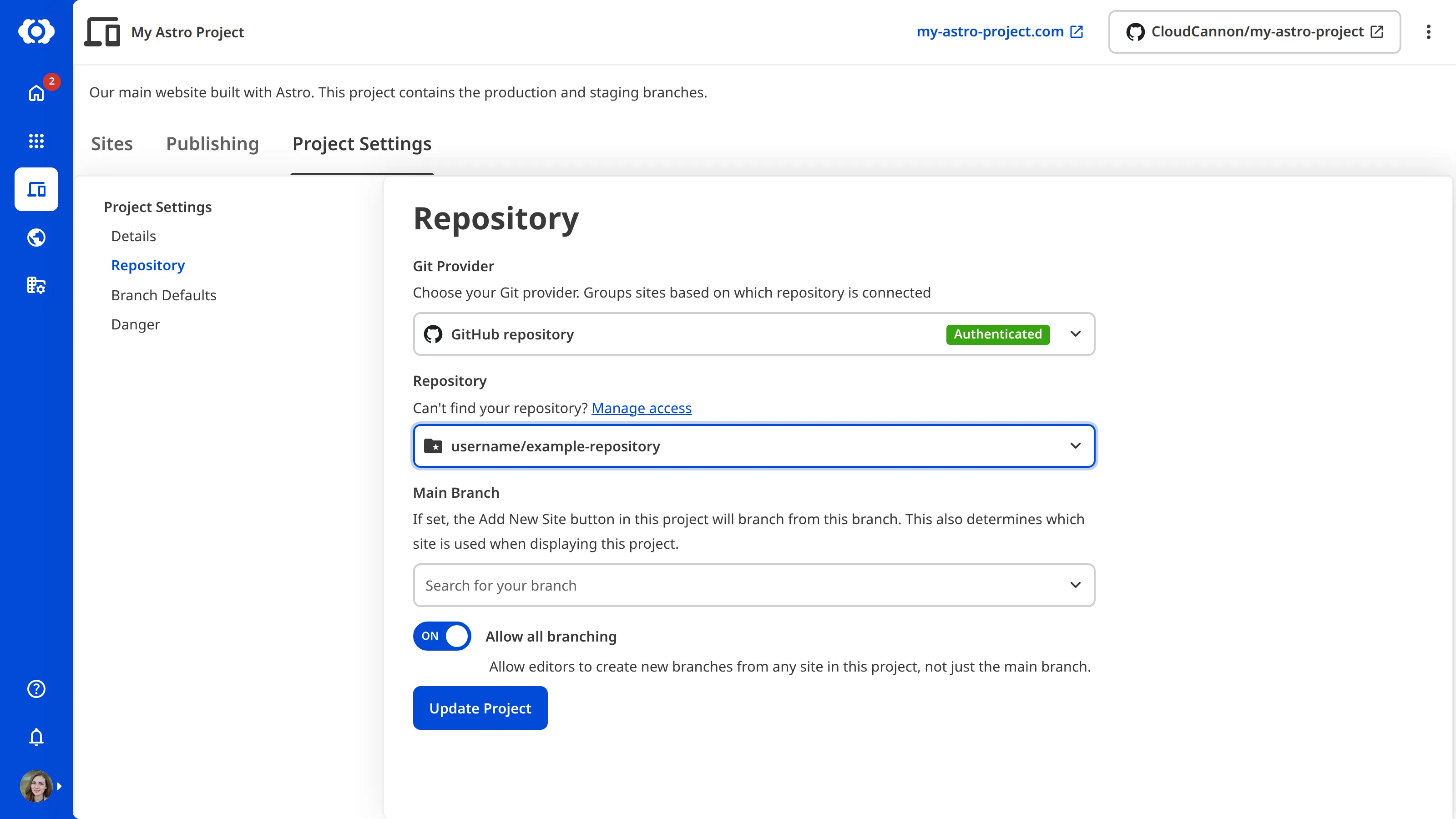 A screenshot of the Repository section in Project Settings, showing the Git Provider, Repository, and Main Branch fields.