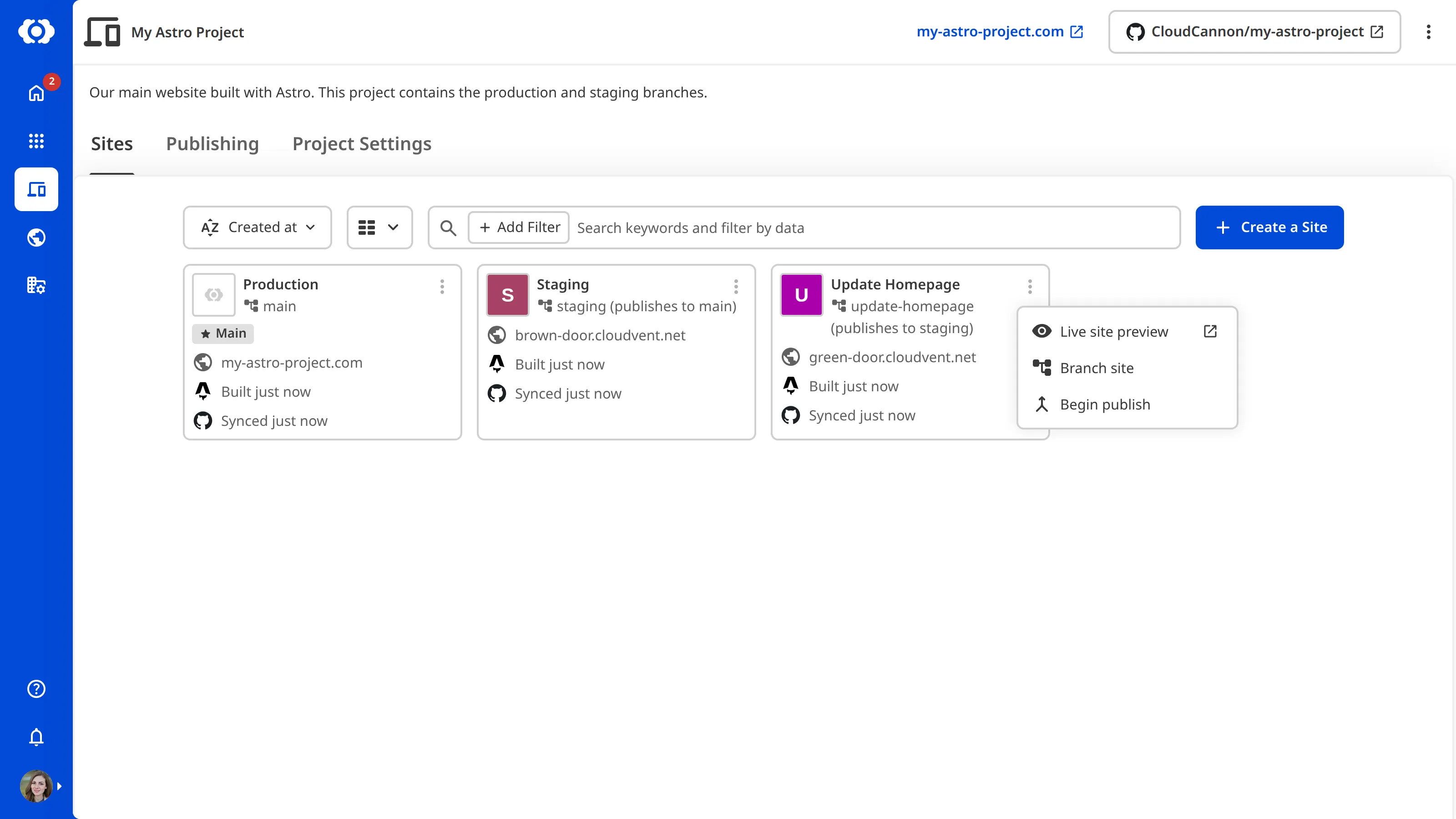 A screenshot of the Project Sites Browser showing the context menu open on a Site card, with the Branch Site option visible.