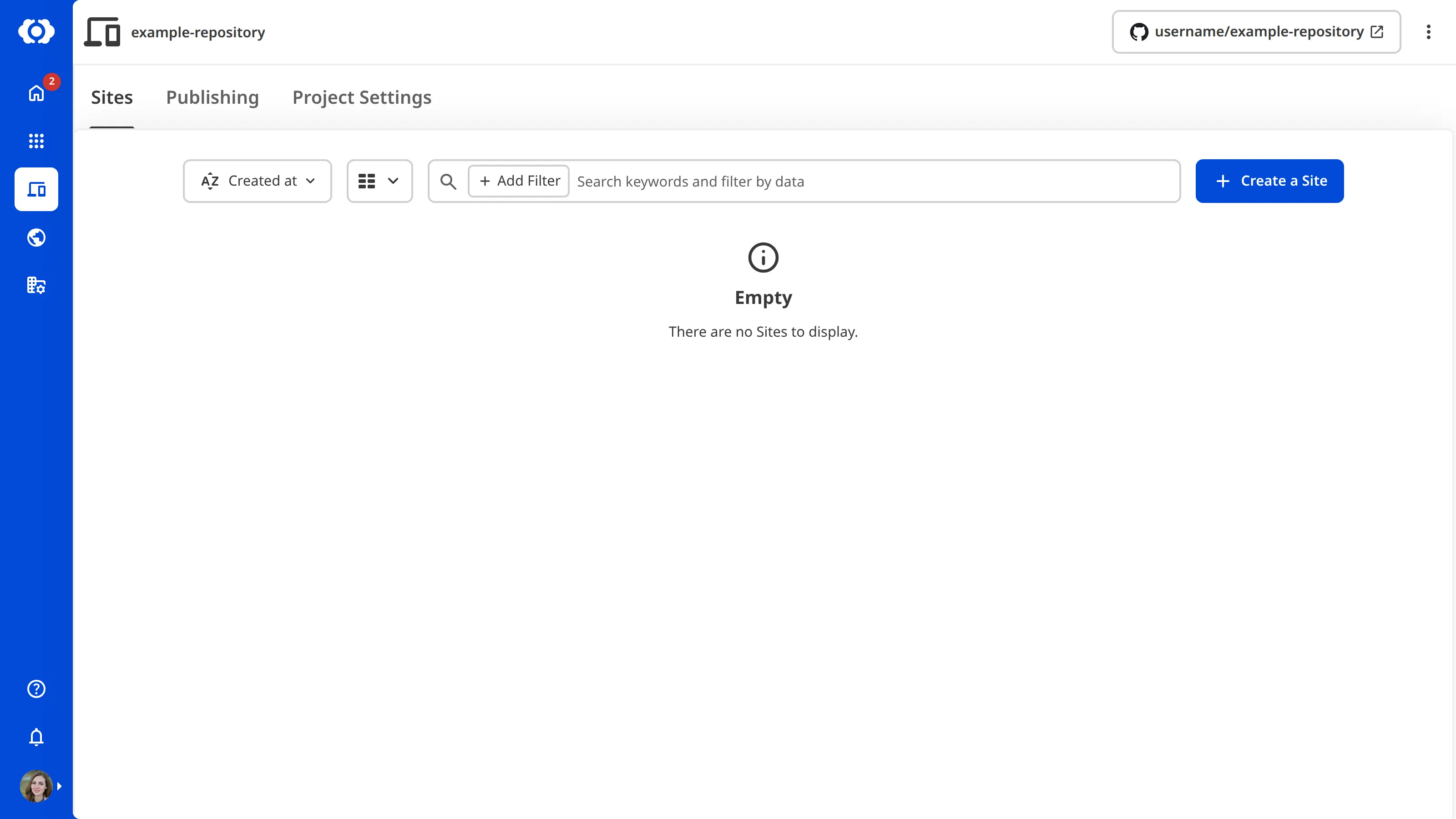 A screenshot of an empty Project page showing the Sites tab with no Sites to display.