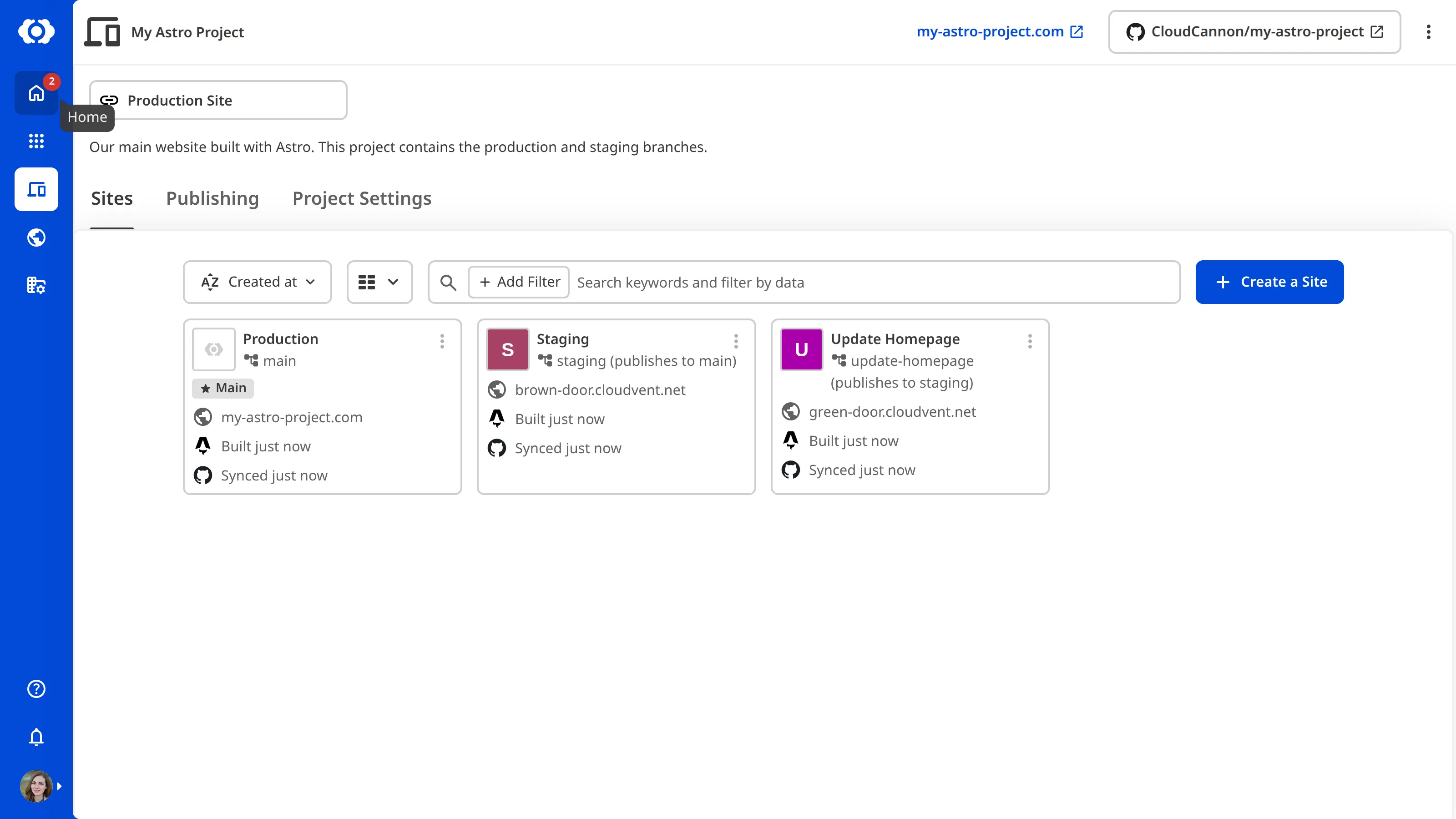 A screenshot of the Project page showing the Sites tab with multiple Sites connected to different branches.