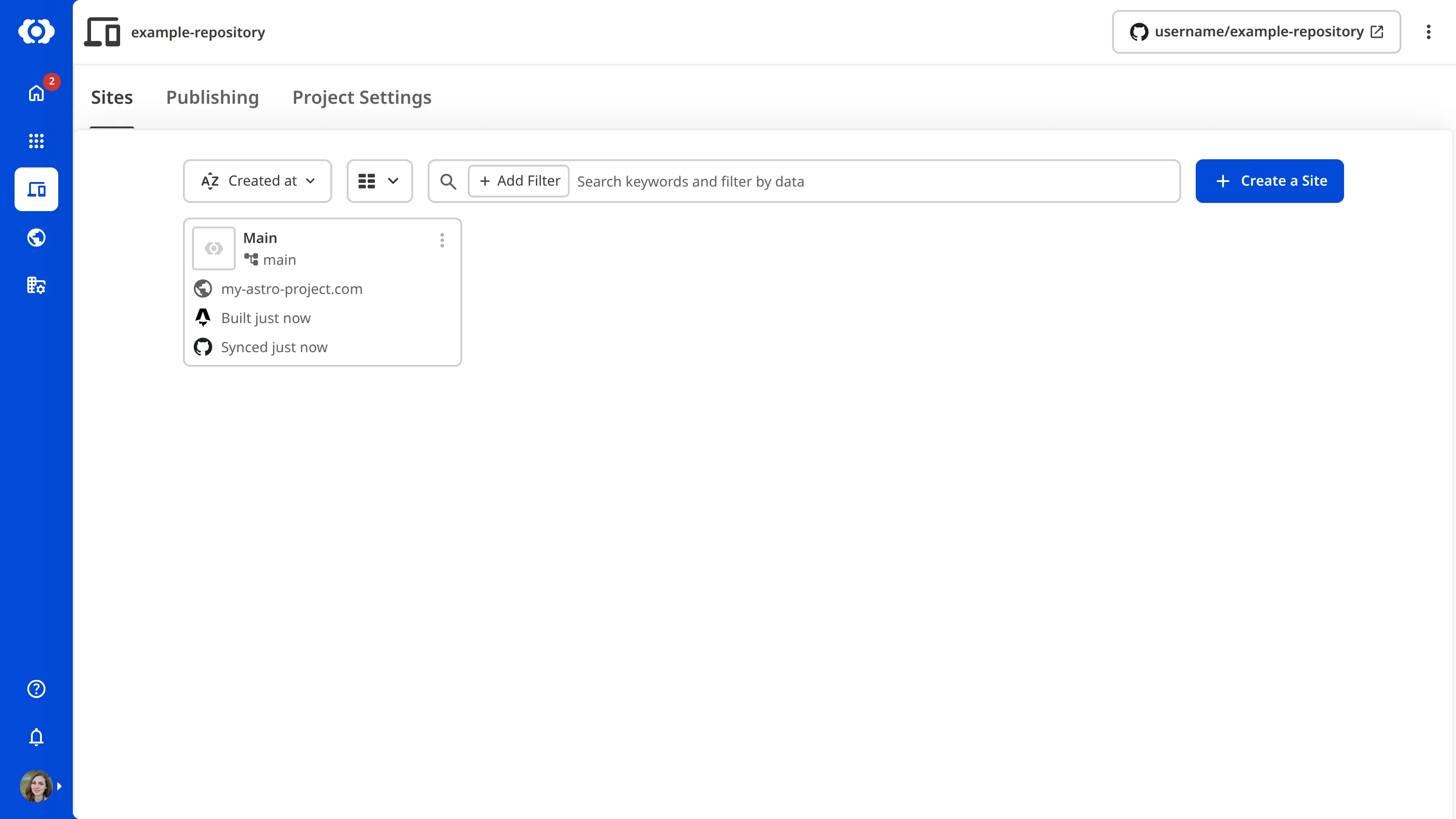 A screenshot of the Project page shows the Sites list with a Create a Site button and one connected Site.