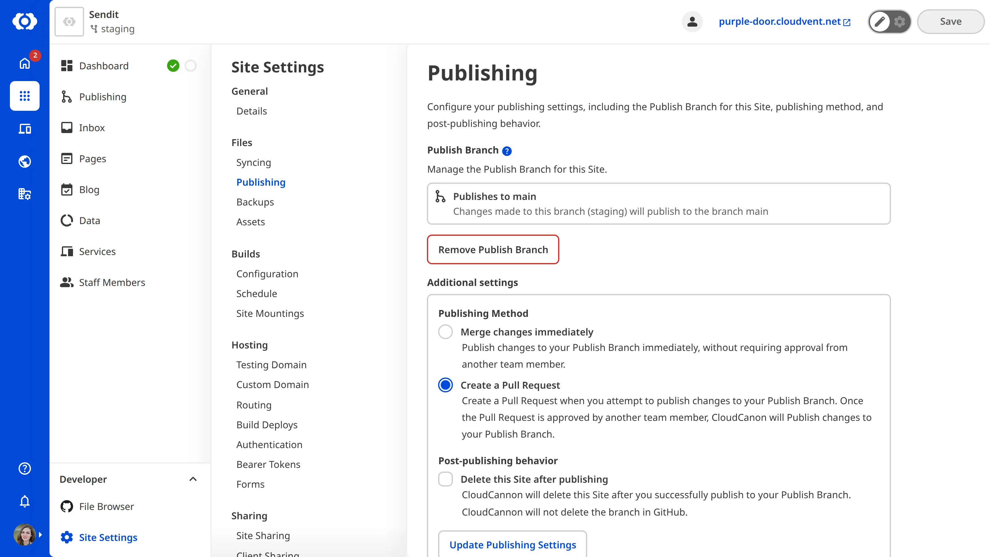 A screenshot of the Publishing page shows a connected Publish Branch with options for merge mode, pull requests, and delete after publishing.