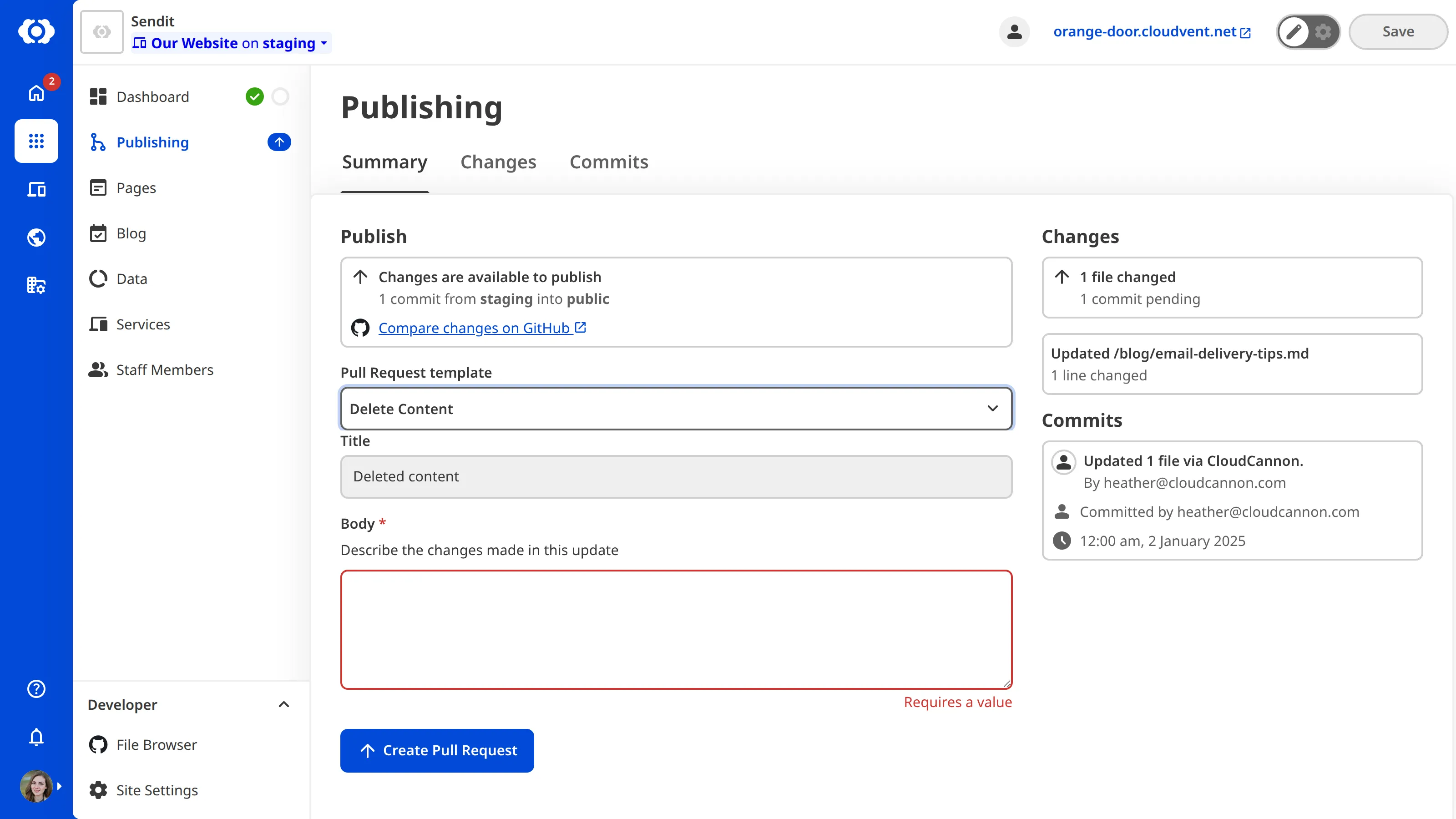 A screenshot of the Publishing page shows the Pull Request template dropdown for selecting a template.