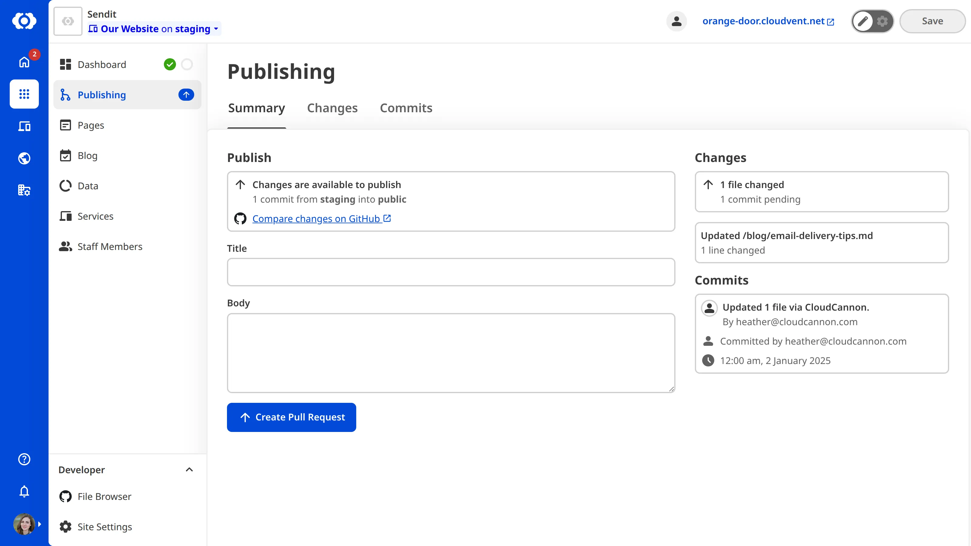 The Publishing page with fields to create a Pull Request