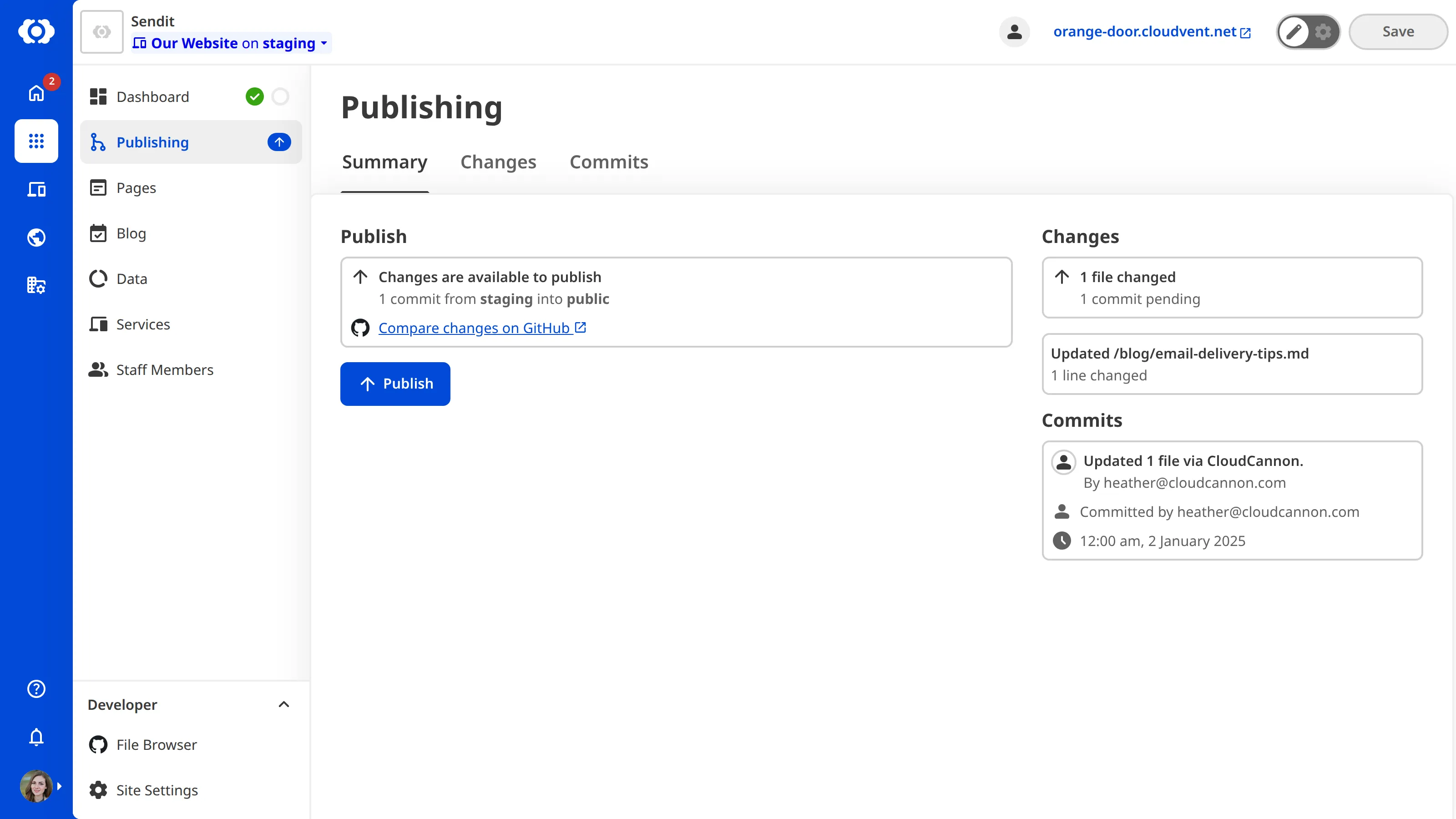 A screenshot of the Publishing Page shows the Publish button for immediately publishing changes to the Publish Branch.