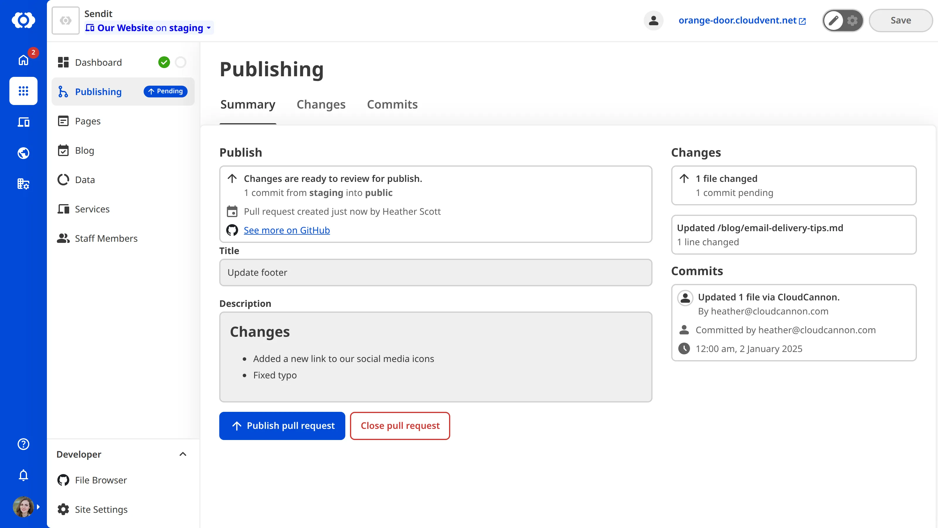 The Publishing page showing an open Pull Request with the option to merge