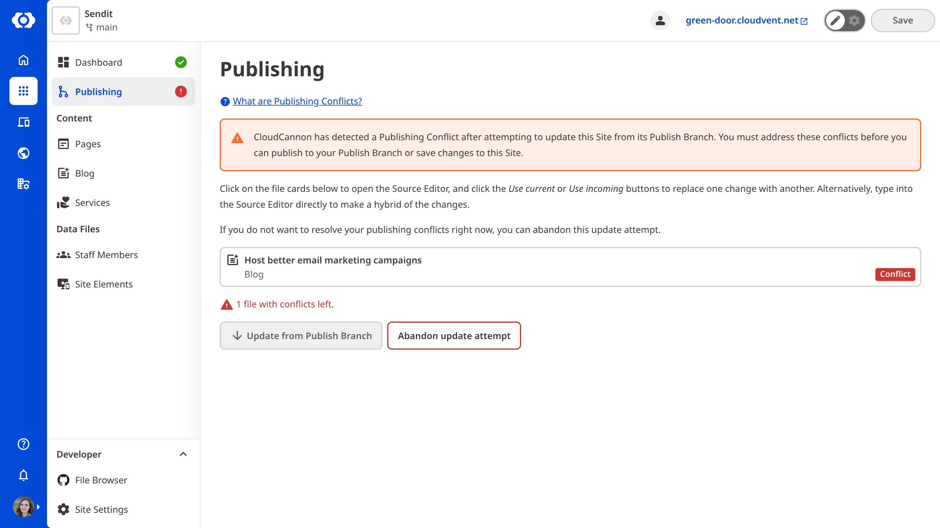 The Publishing page A screenshot of the Publishing page shows a conflicted file after attempting to update the Site from the Publish Branch.