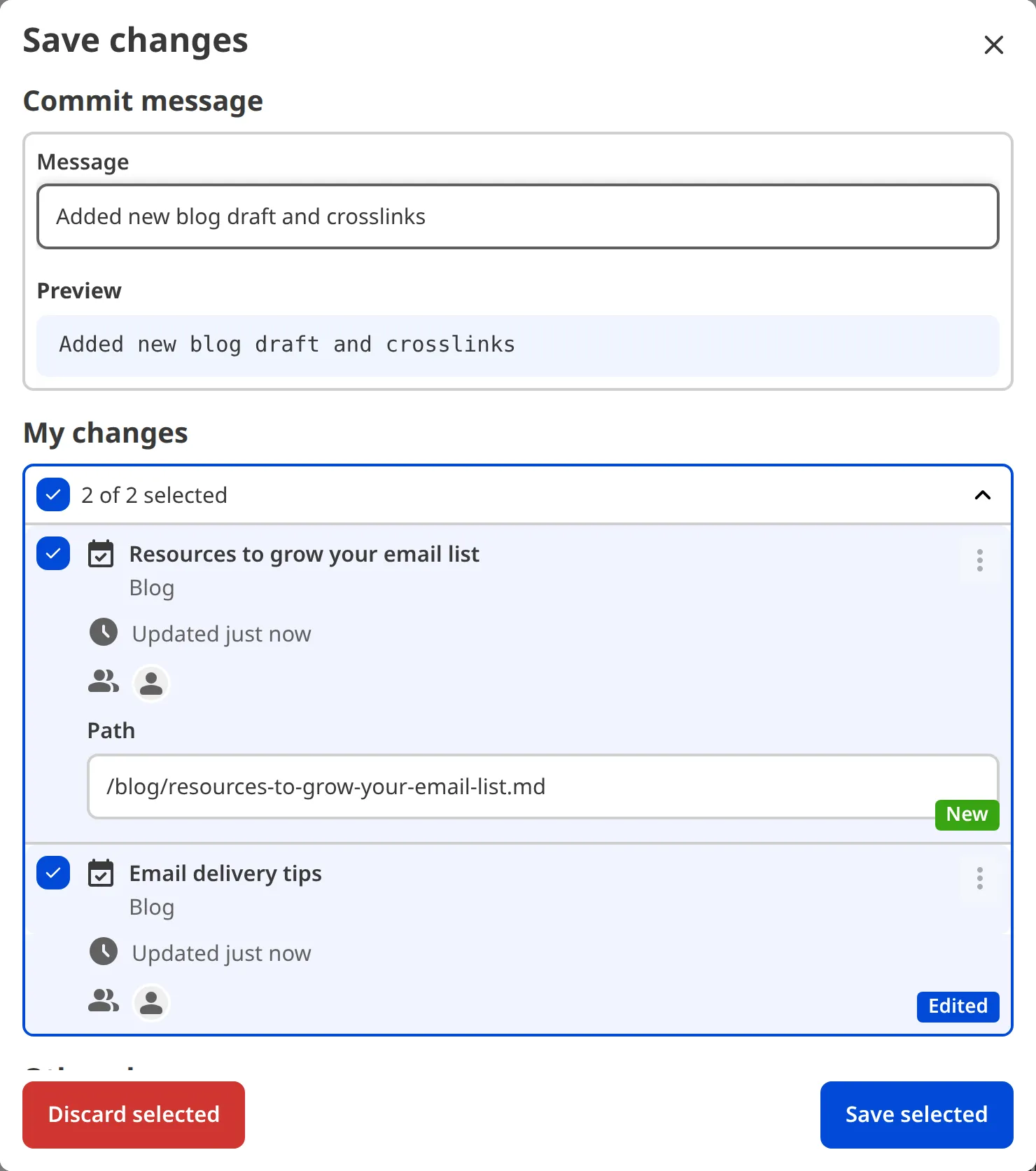 The Save Changes modal with a commit message describing the changes made to the site.
