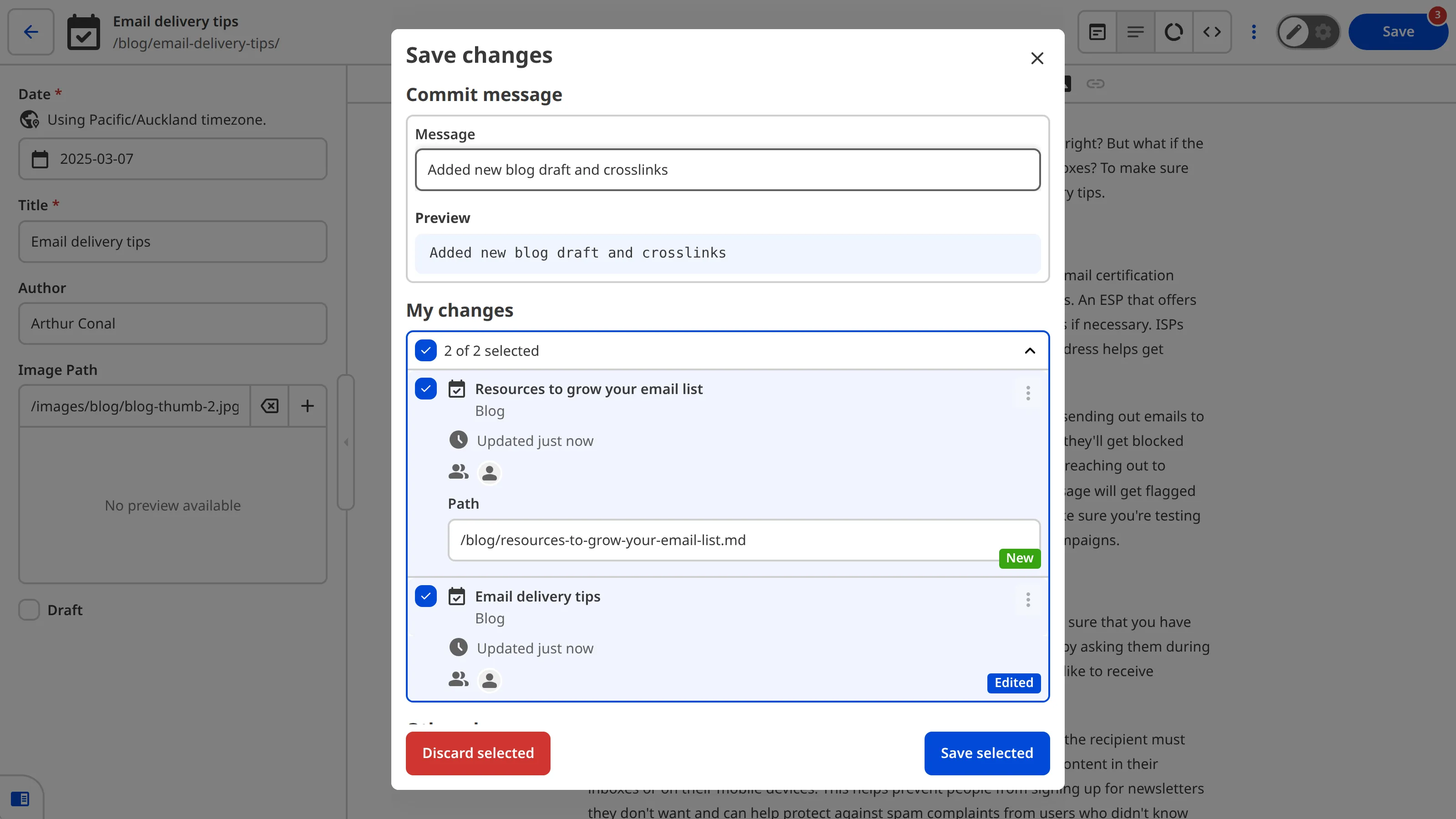 The Review Changes modal A screenshot of the Save Changes modal shows a Commit Message with fields for ticket number and subject.