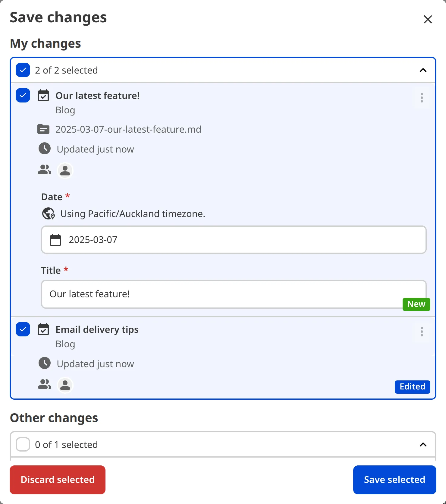 The Save Changes modal with required inputs to save the file.
