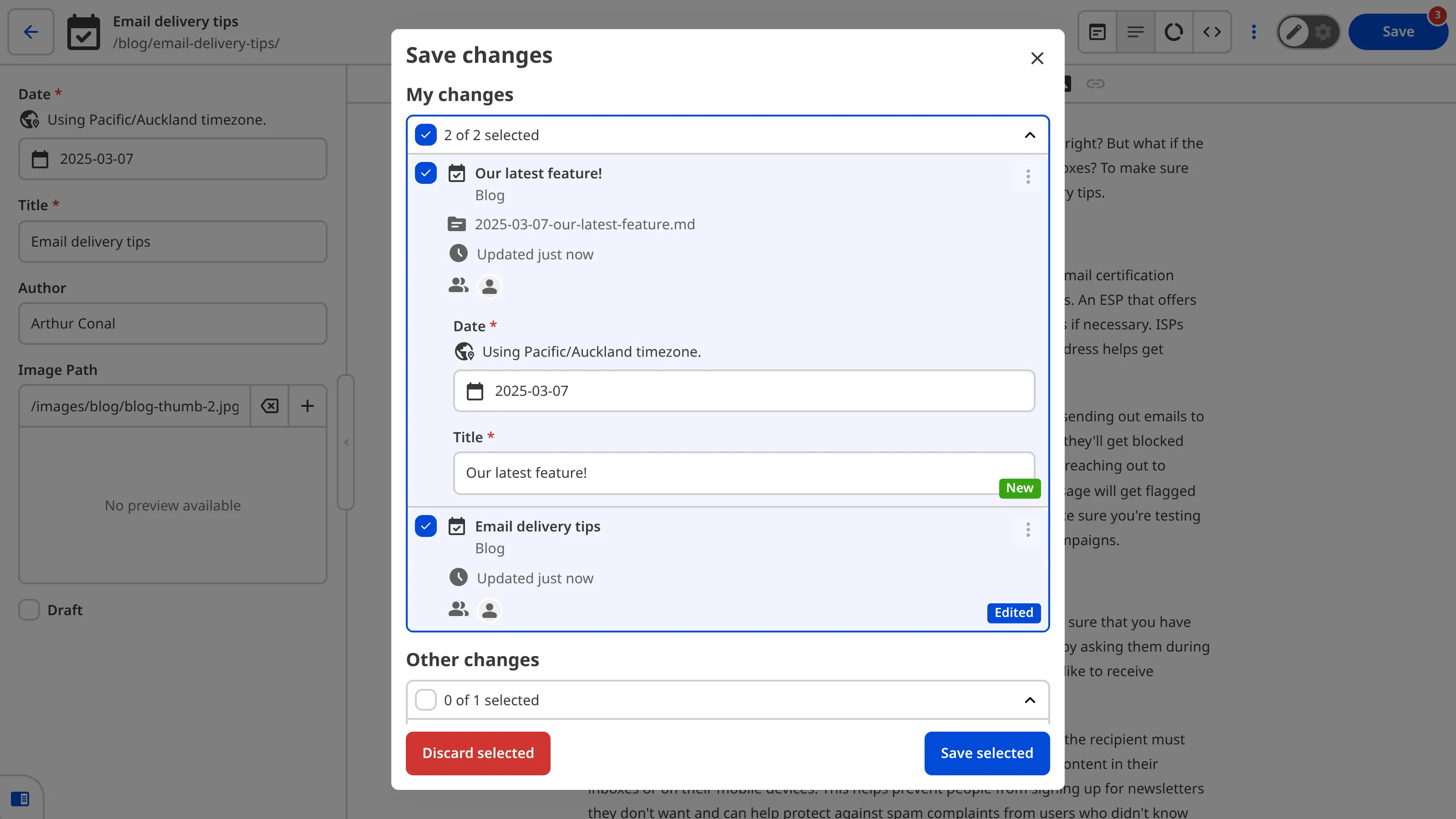 The Save changes modal A screenshot of the Save Changes modal shows a file with an input validation issue (it has no title).