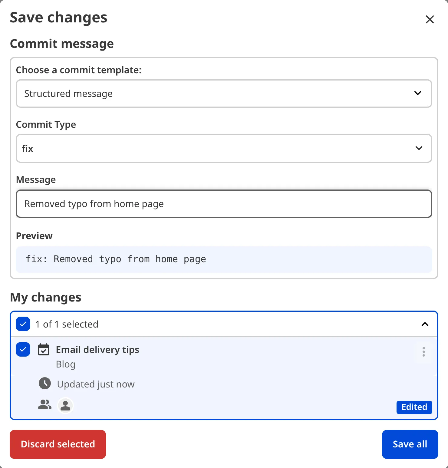 The Save Changes modal shows a commit message with a select and a text input.