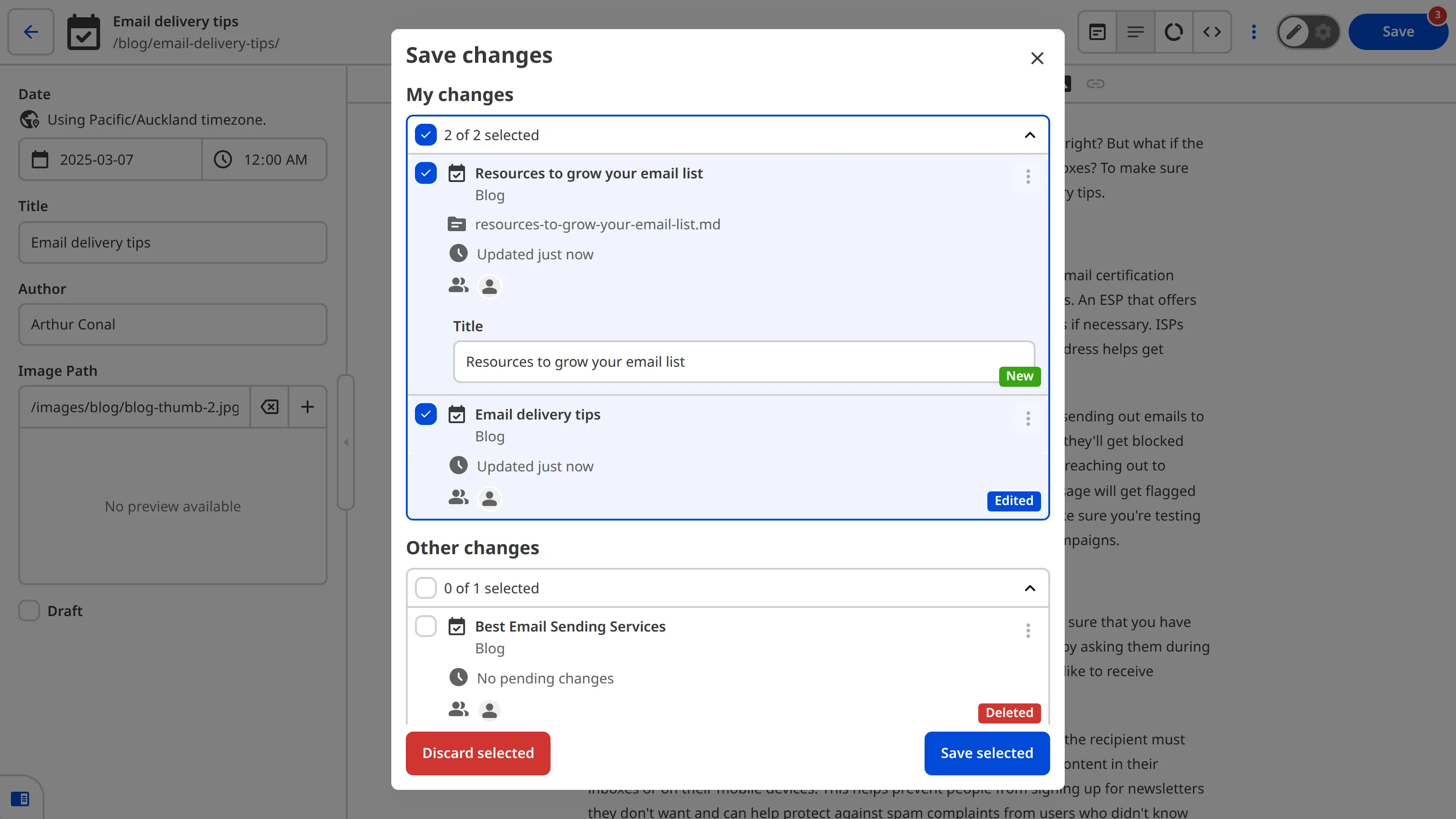 The Review changes modal A screenshot of the Review changes modal shows all files with unsaved changes, organized into sections.