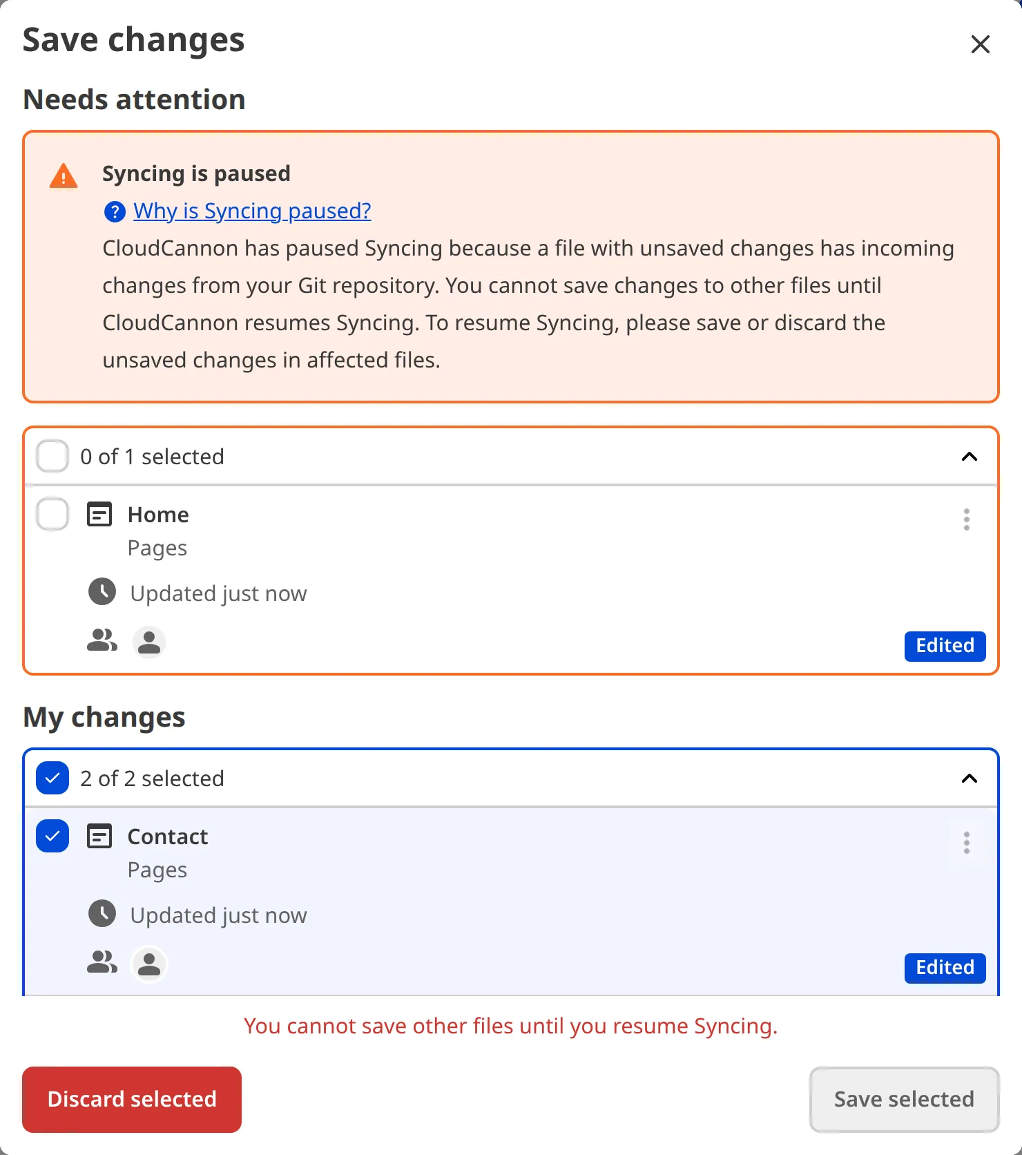 The Review changes modal shows the Needs attention heading with a Syncing is paused warning and an affected file.