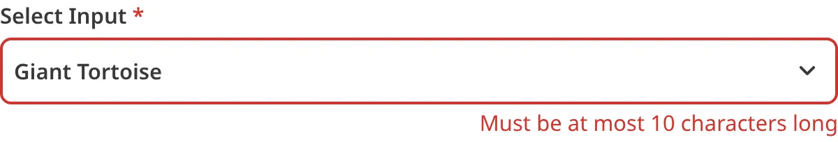A screenshot of the Select Input in the Data Editor shows an error message as the value is too many characters.