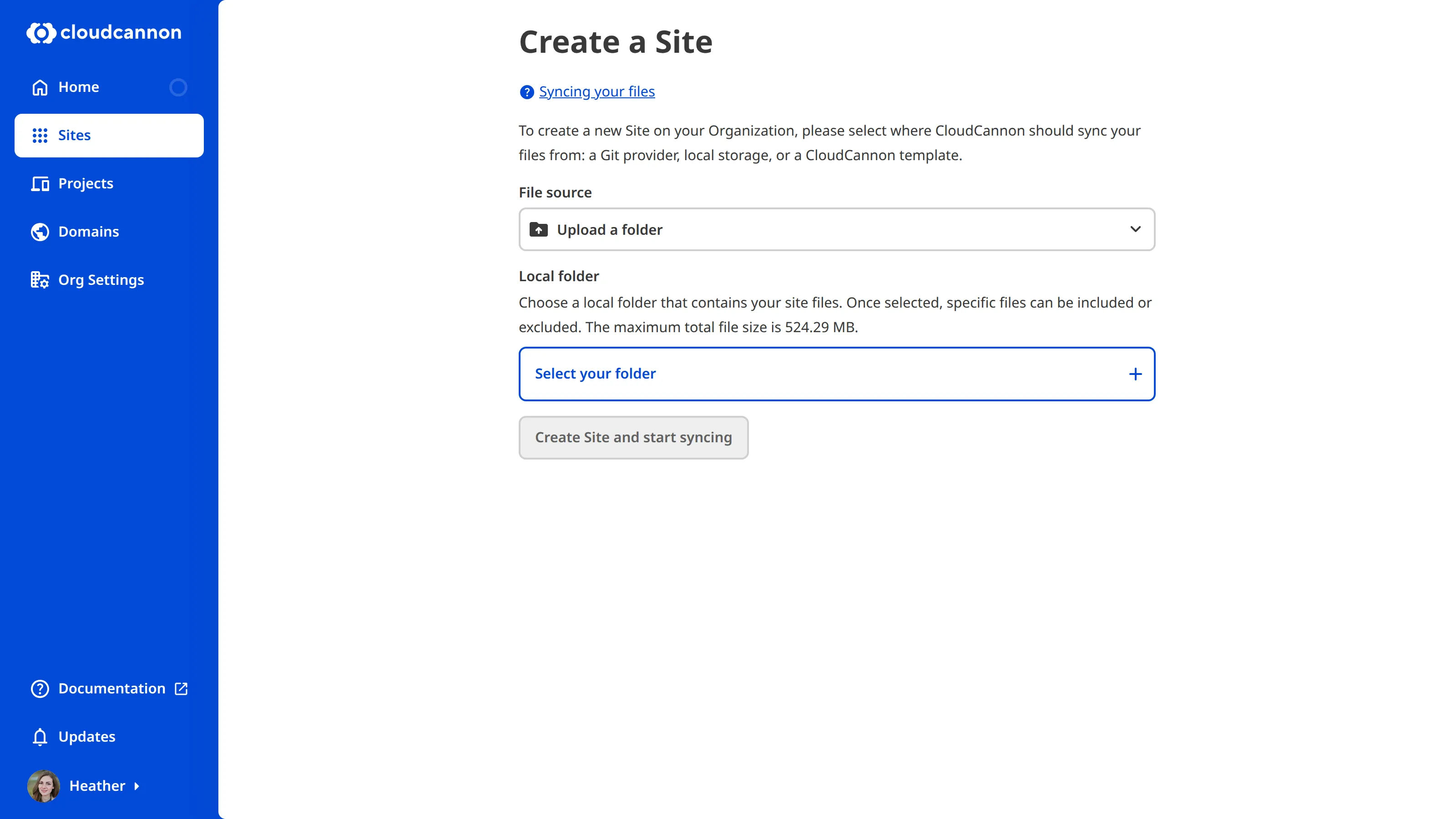 Sync step of creating a site to add your files