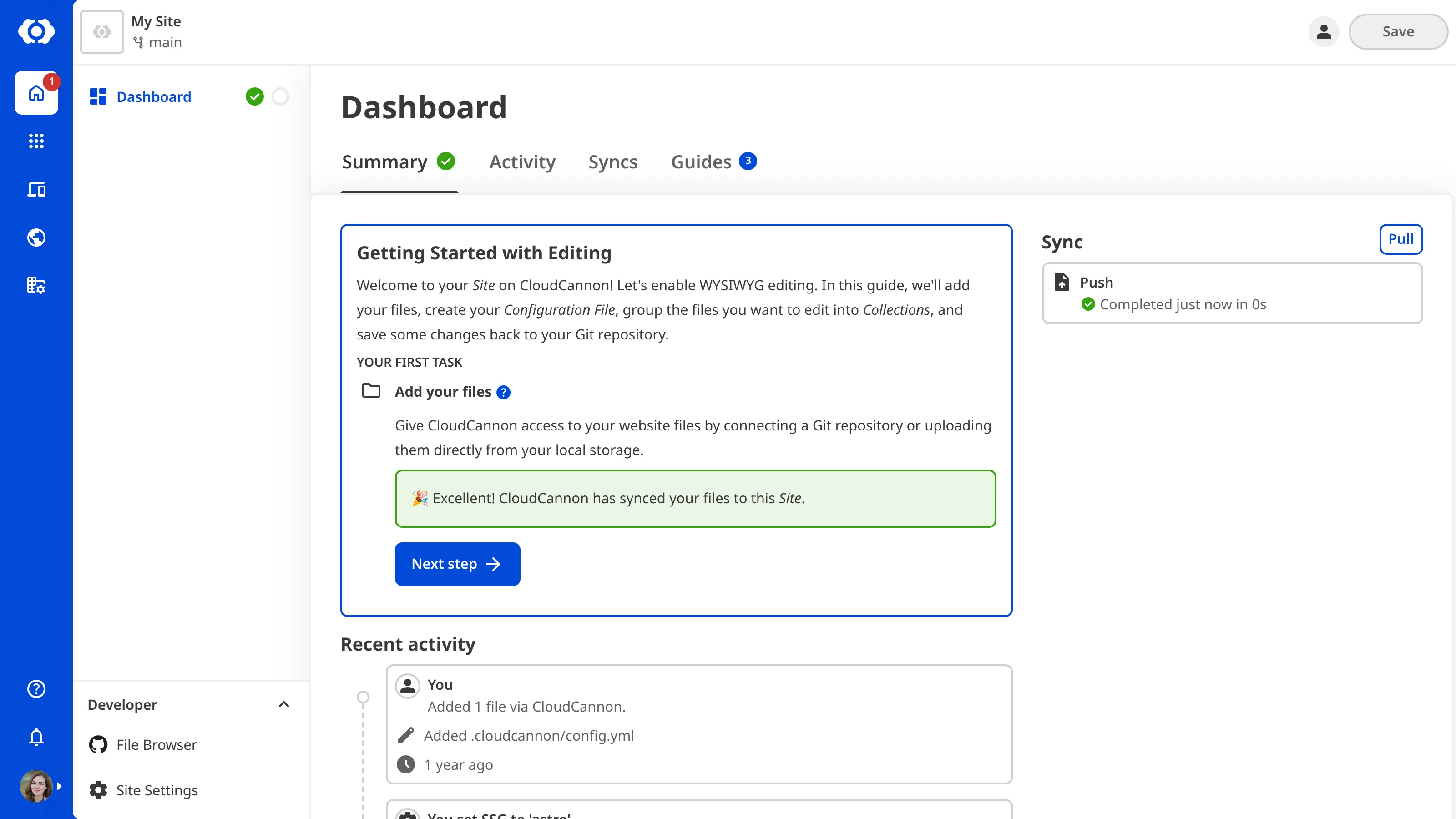 A screenshot of the Site Dashboard shows the Getting Started with Editing guide with a task to Add your Files.