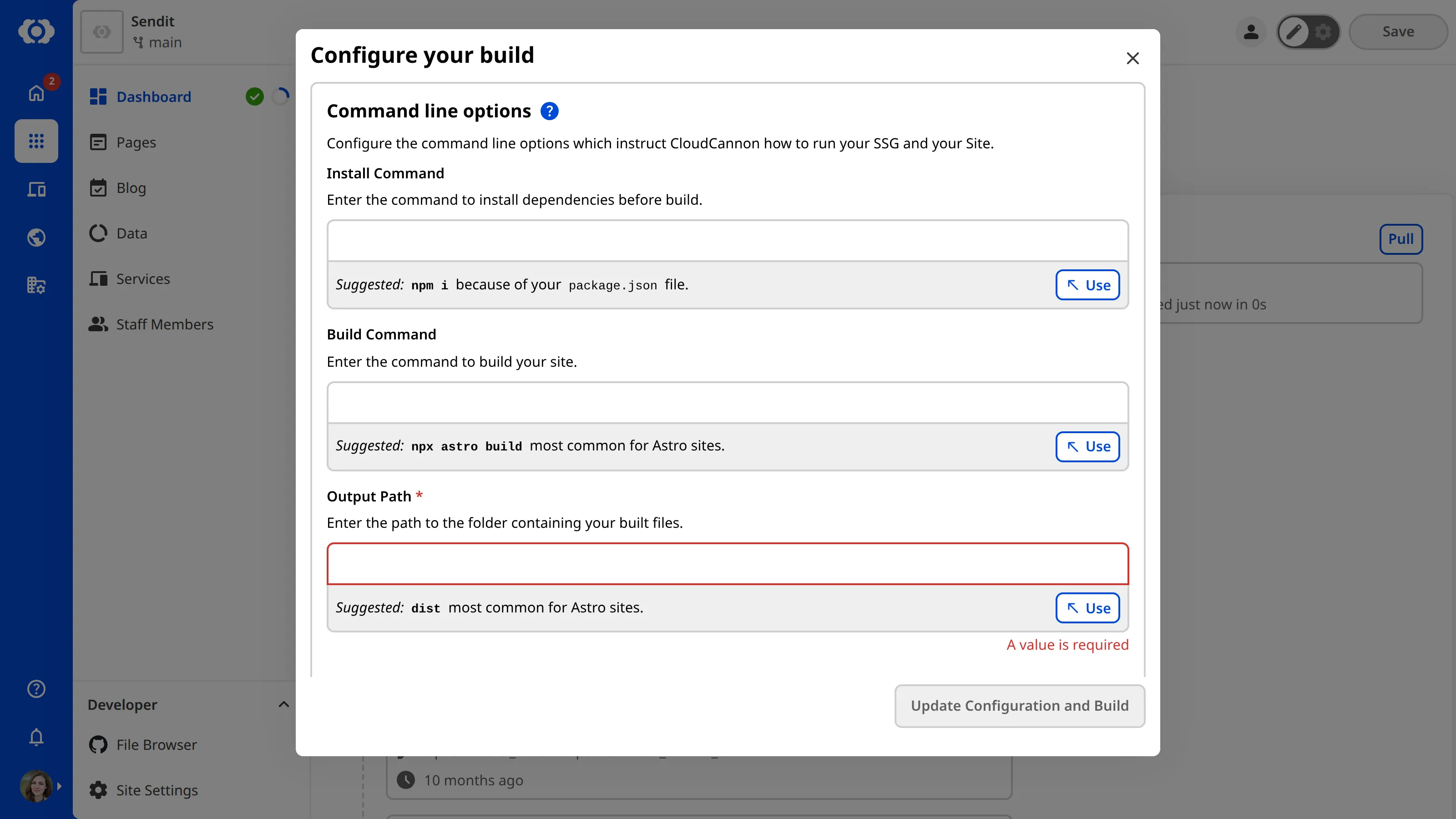 A screenshot of the Configure your build modal.