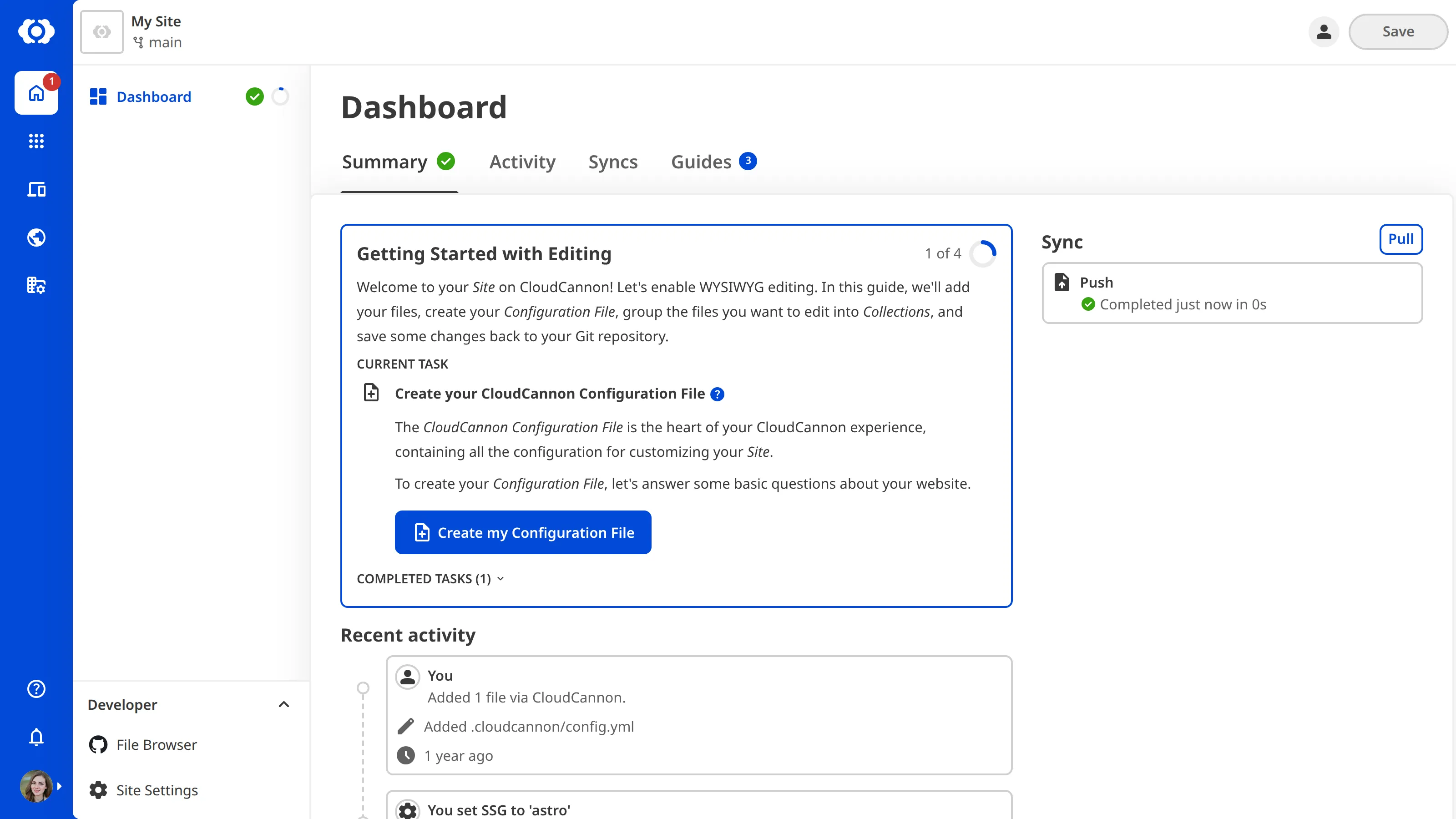A screenshot of the Create your CloudCannon Configuration File task from the Getting Started task list shows the Create my Configuration File button.