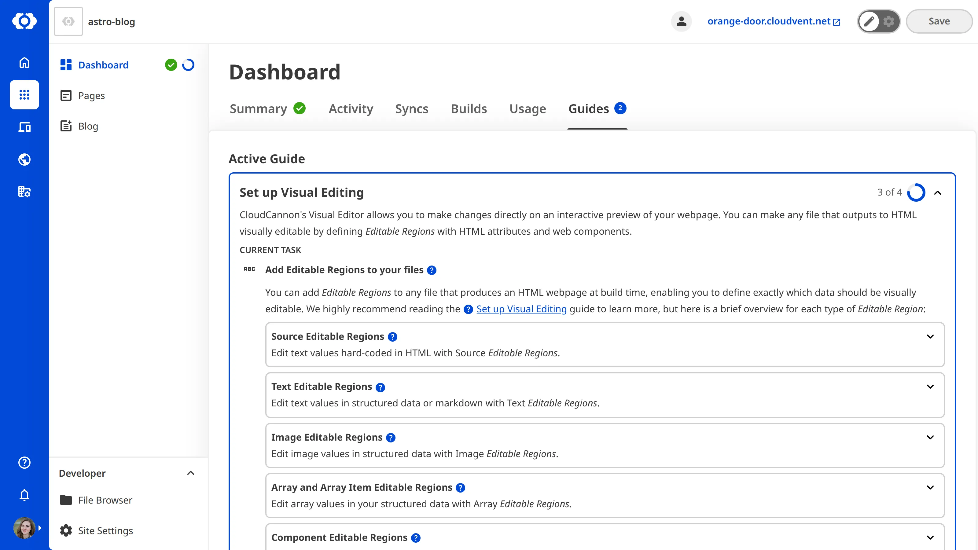A screenshot of the Guides tab on the Site Dashboard shows that the active in-app guide is Set up Visual Editing.