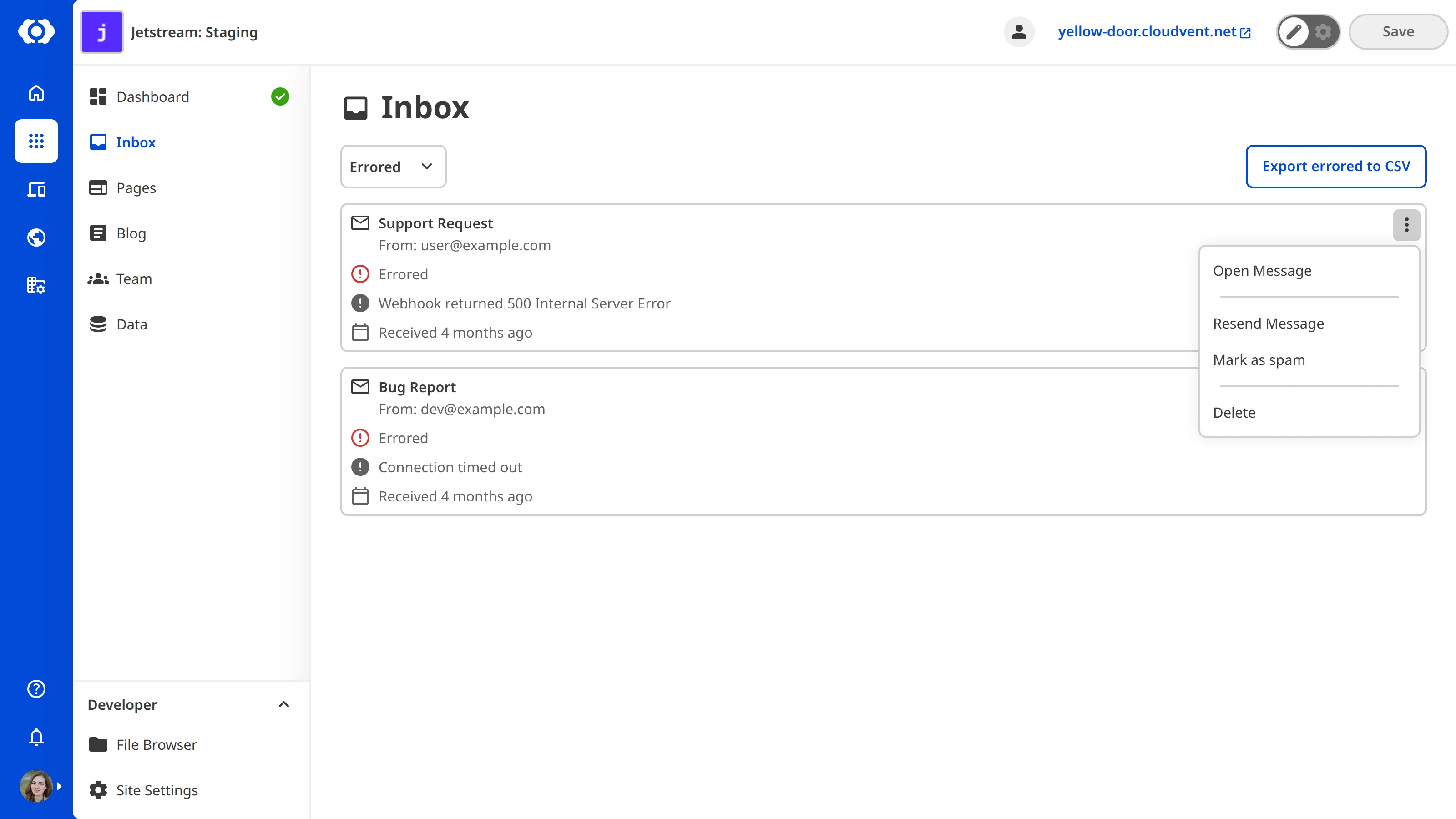 A screenshot of the Inbox shows the Errored category with a context menu open on a submission, displaying the error message and resend option.